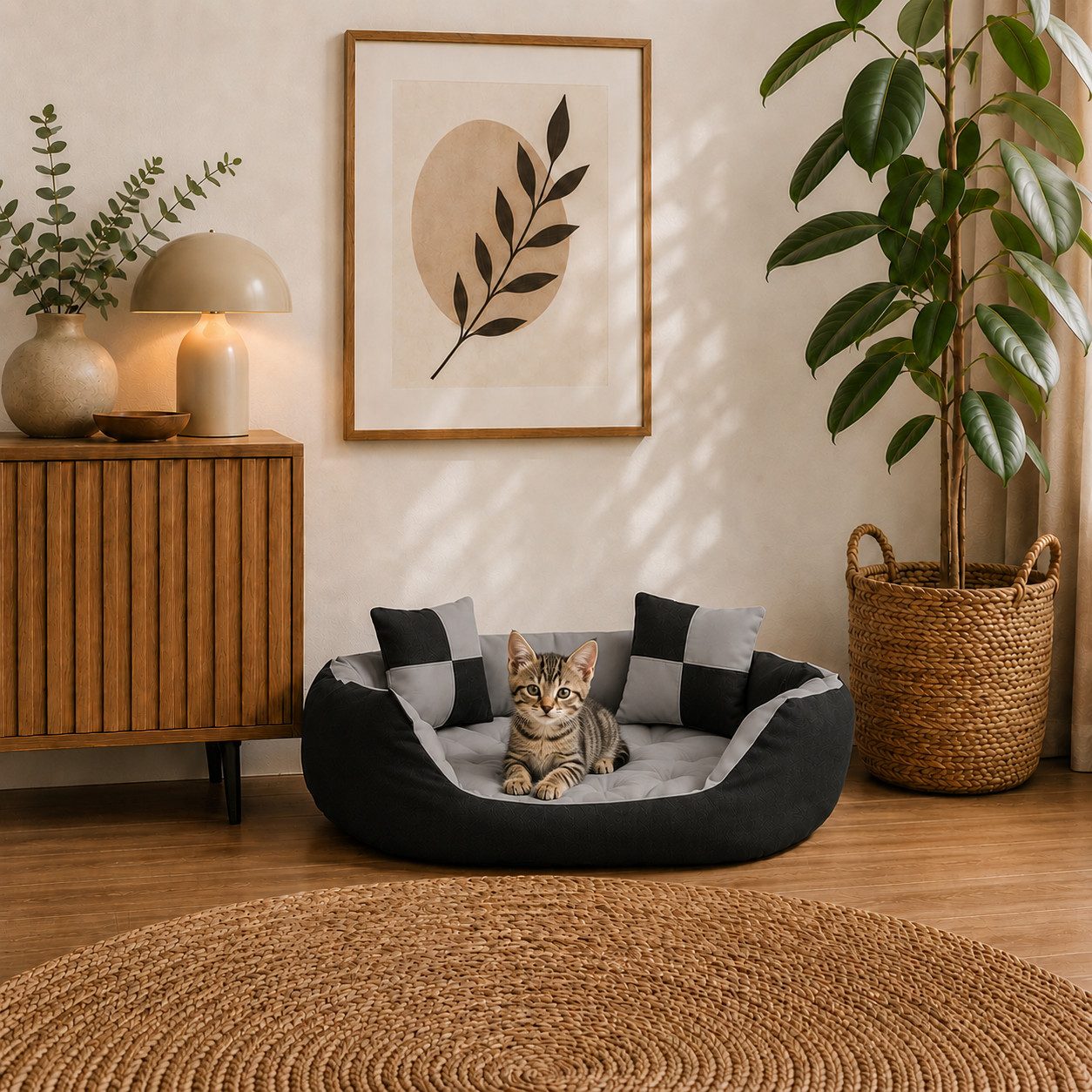 belviona Tierkissen, Katzenbettchen mit niedrigem Einstieg, 65x50 cm, grau/schwarz, Oxford, Katzenkörbchen 4-in-1, wendbares Katzenbett