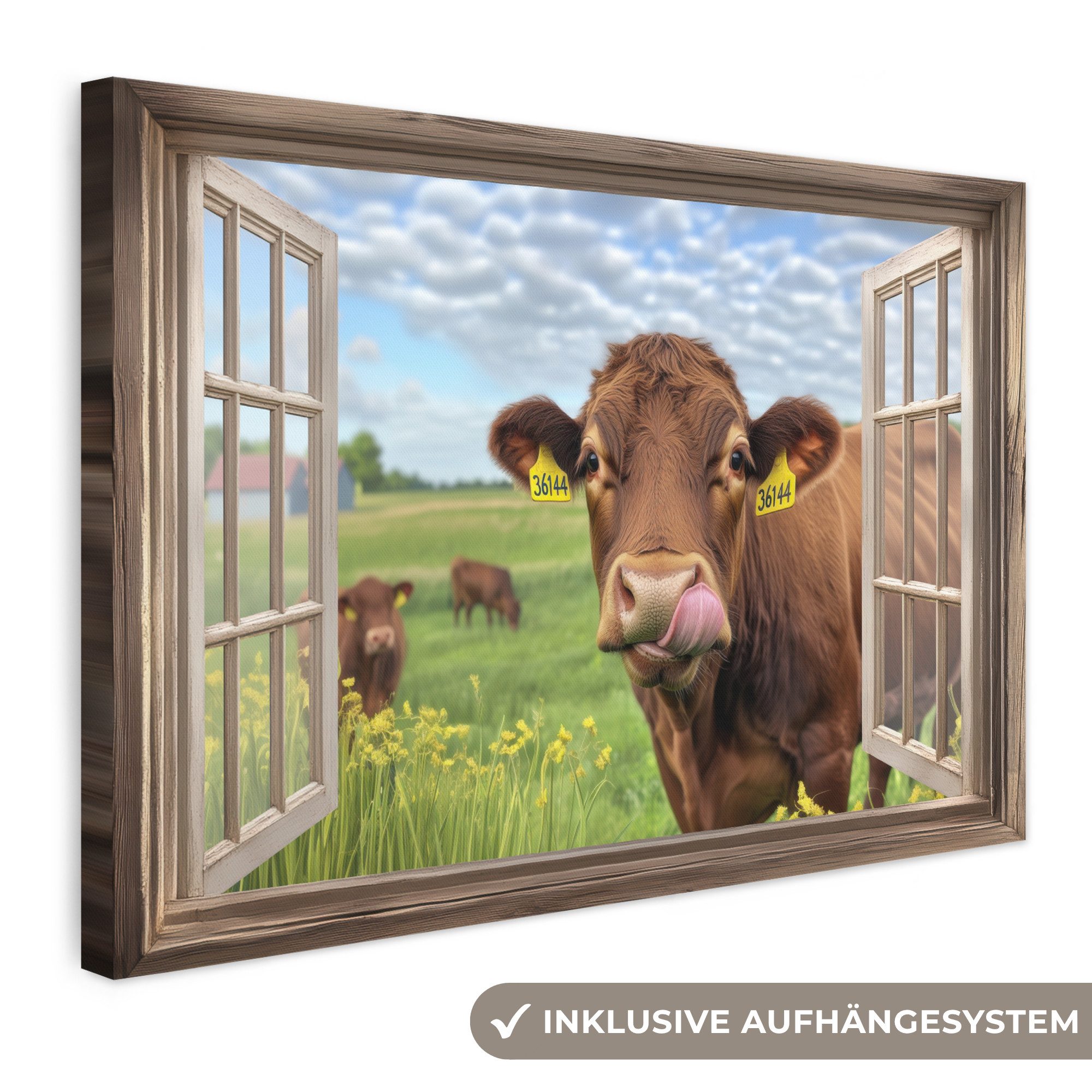 OneMillionCanvasses® Leinwandbild Durchblick - Kuh - Wiese - Landschaft - Tiere, Fotodruck (1 St), Leinwand Bilder Klein, Wand Dekoration Aesthetic 30x20 cm