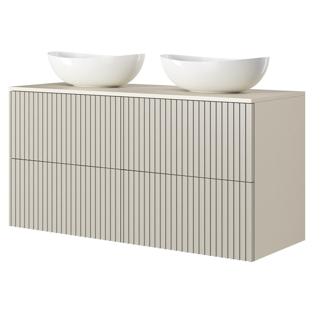 Lomadox Doppelwaschtisch NAVASOTA-141, 120 cm breit in kaschmir, gerillte Front, 2 Aufsatzwaschbecken