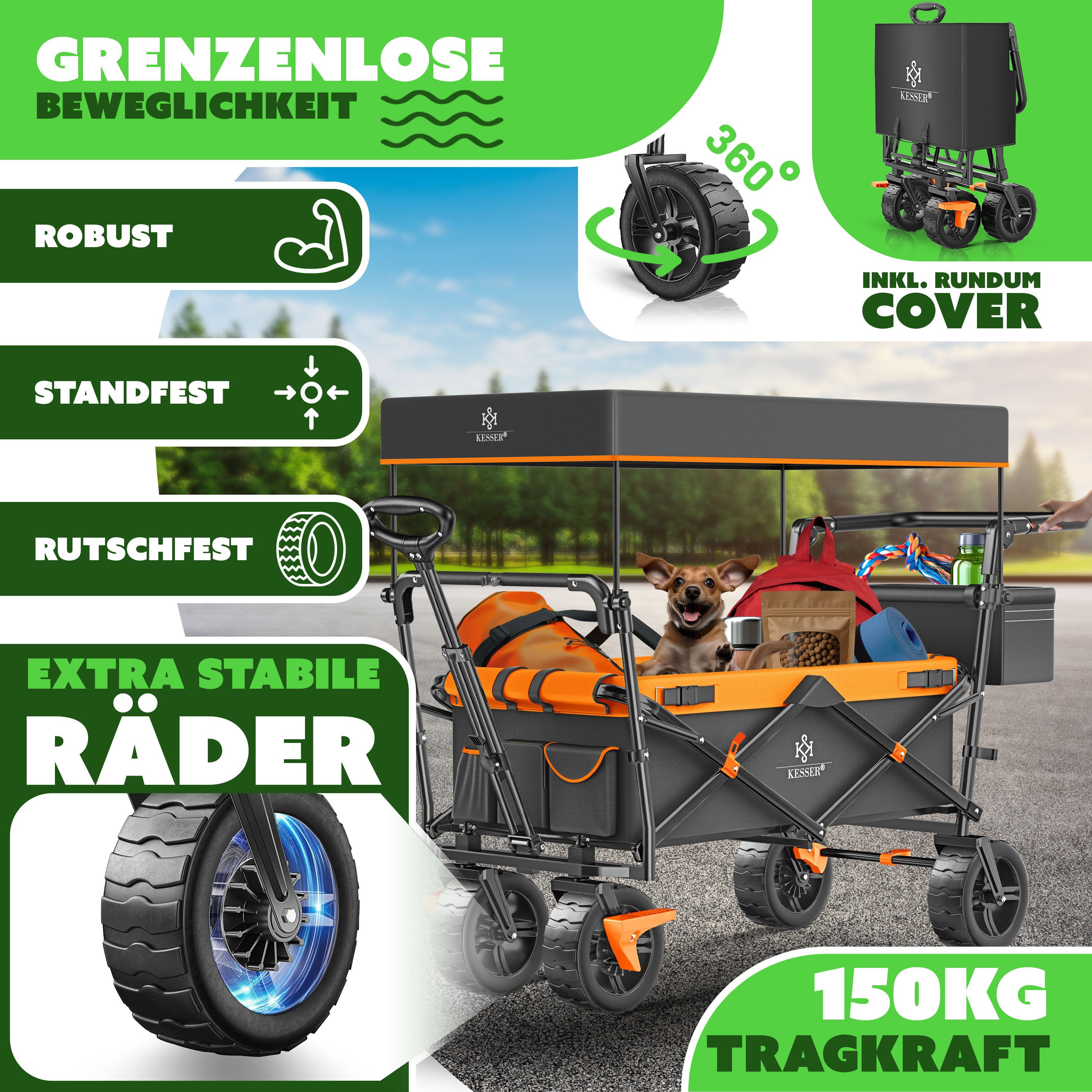 KESSER Bollerwagen, Bollerwagen faltbar GT9000 mit Dach Handwagen Transportwagen
