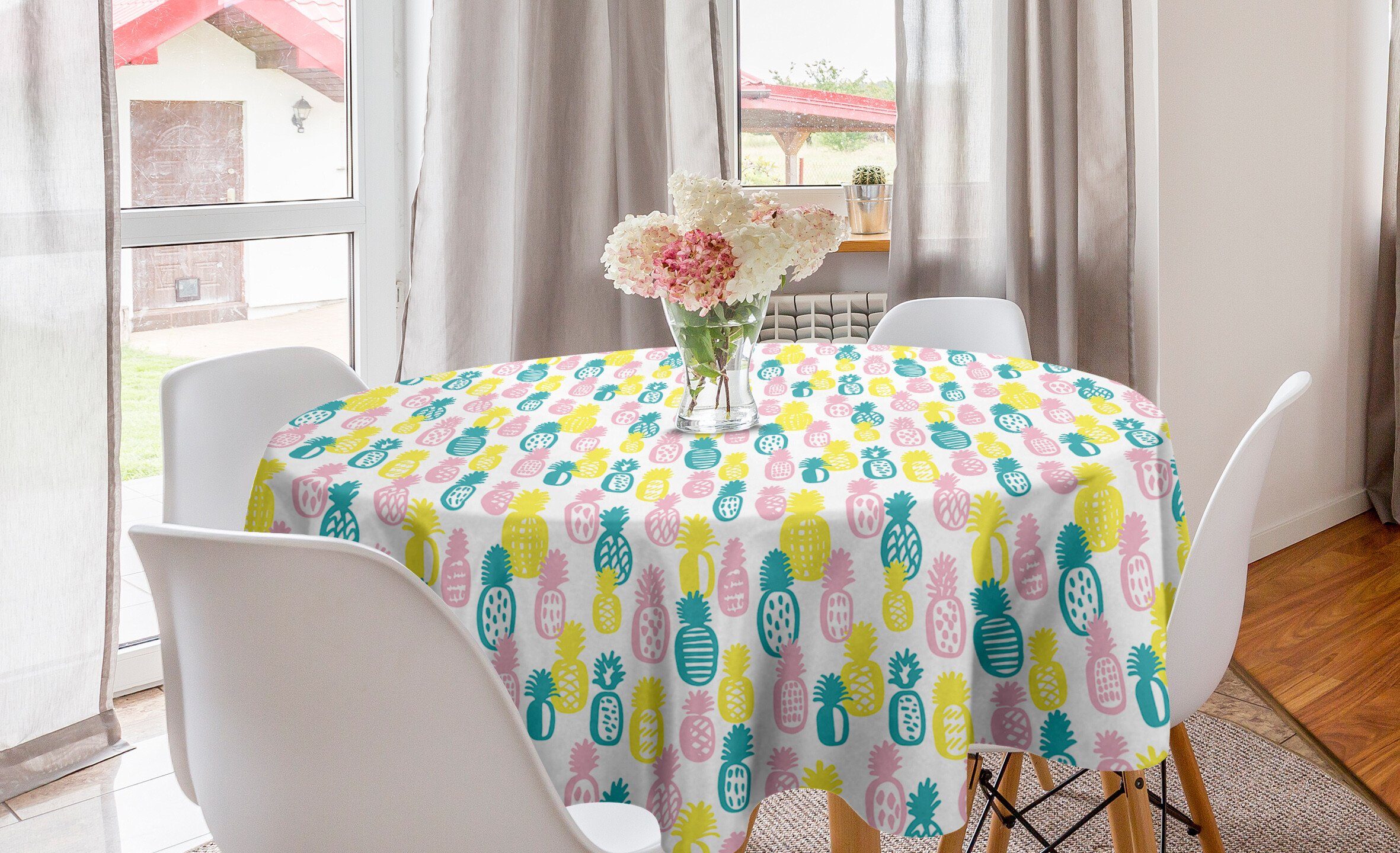 Abakuhaus Tischdecke Kreis Tischdecke Abdeckung für Esszimmer Küche Dekoration, Ananas Bunte Doodle Lebensmittel