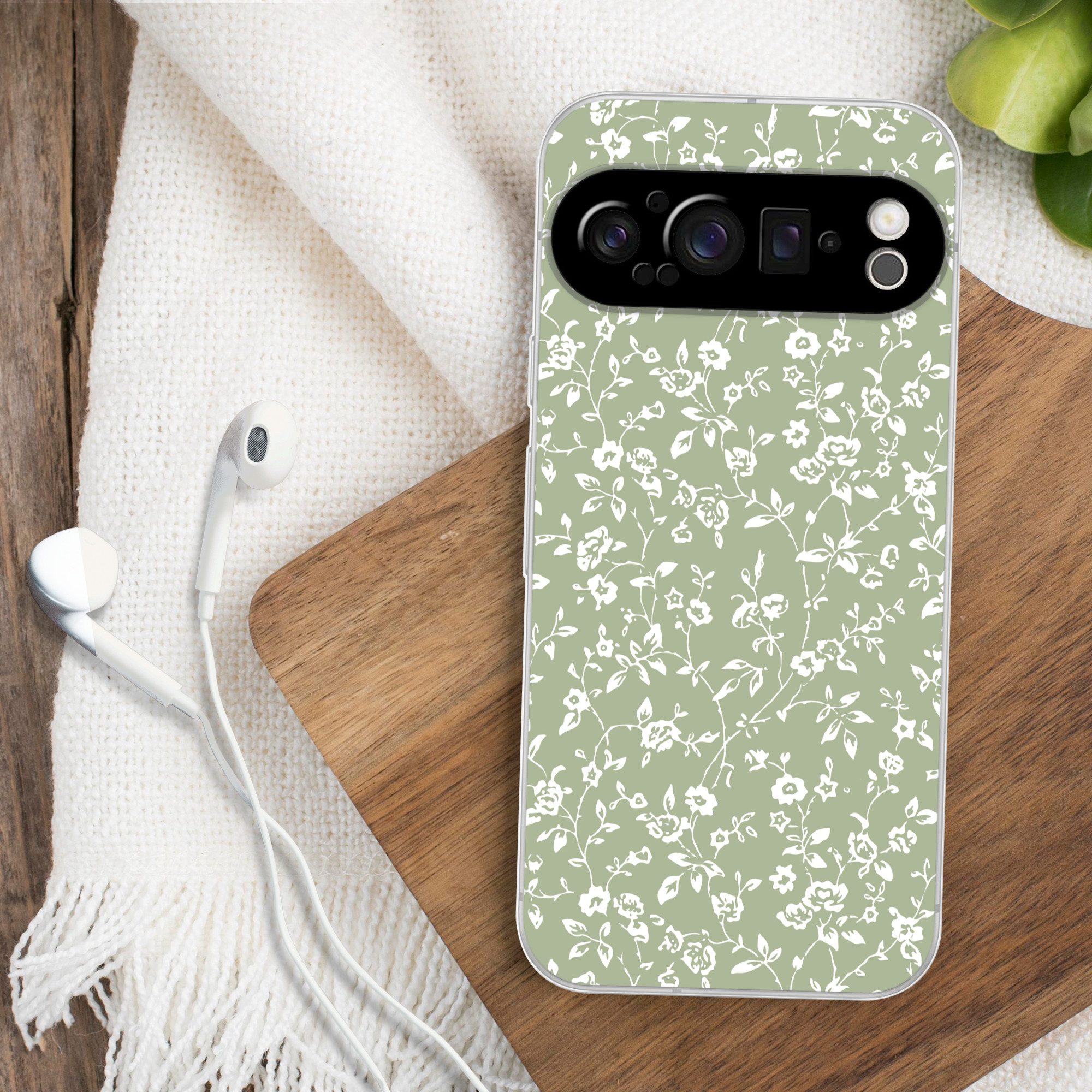 MuchoWow Handyhülle für Google Pixel 9 Pro Blumen - Druck - Grün - Weiß, Phone Case, Silikon, Schutzhülle Dünn