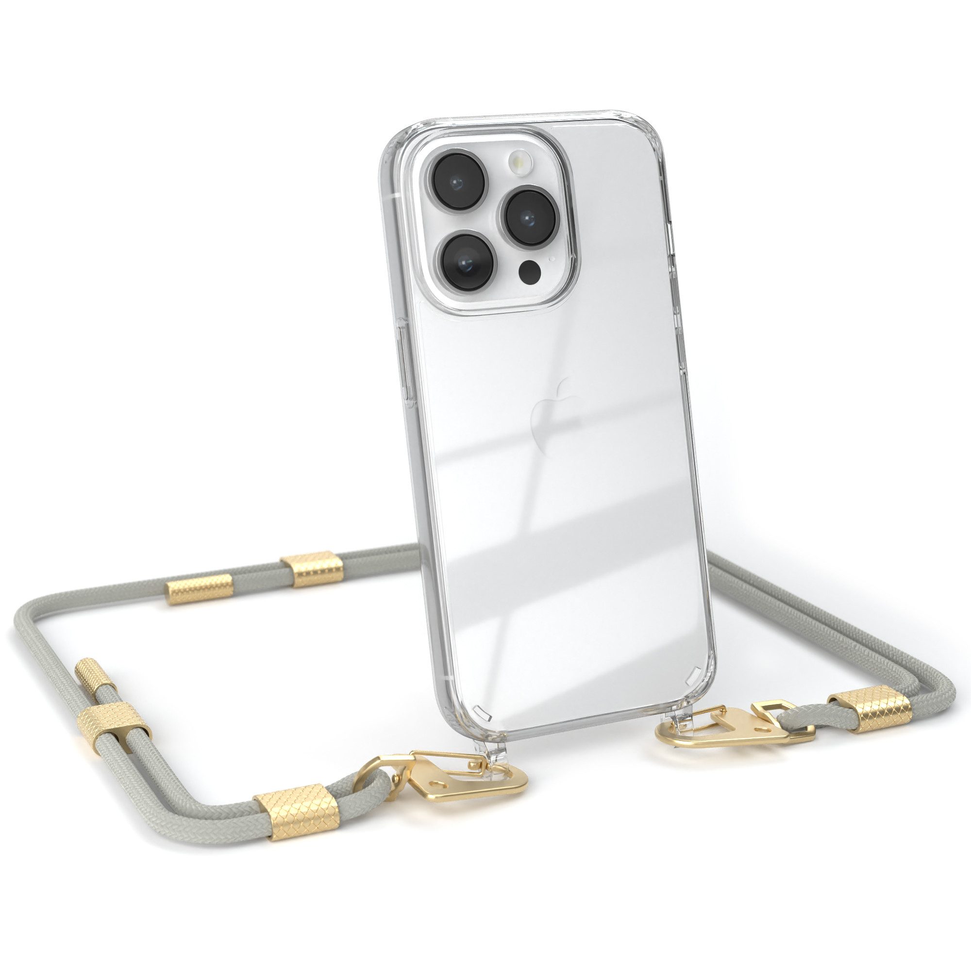EAZY CASE Handykette Silikonhülle mit Kette für Apple iPhone 14 Pro 6,1 Zoll, Schutzhülle zum Umhängen Handyhülle mit Umhängeband Schwarz Grau Taupe