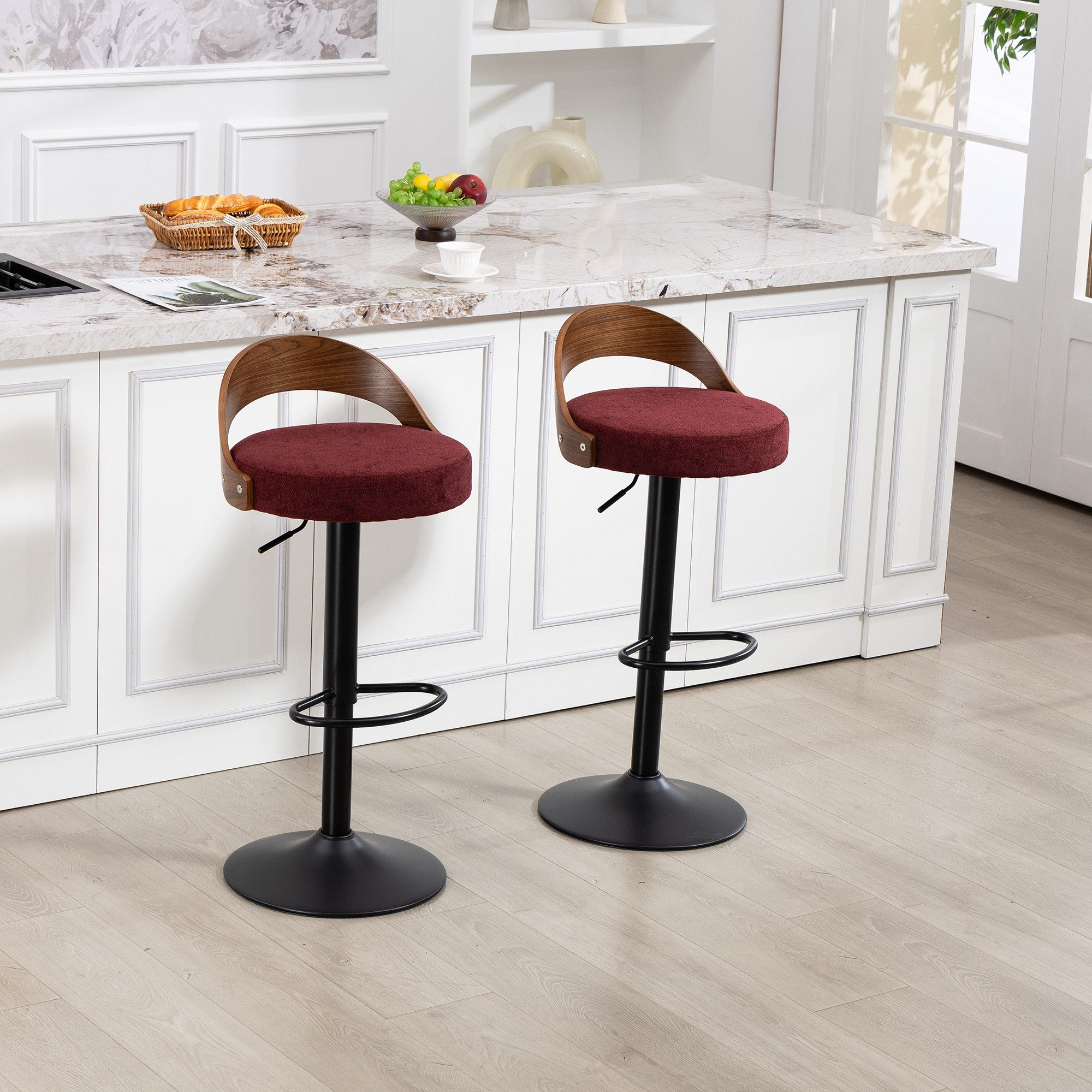 HAUSS SPOLE Barhocker 360° drehbar,Drehstuhl Hocker höhenverstellbar mit Rückenlehne,Rotwein (Tresenhocker mit PU-Sitzkissen und vergrößertem Fußkreuz), Thekenhocker für Küchen,Esszimmer oder Bars