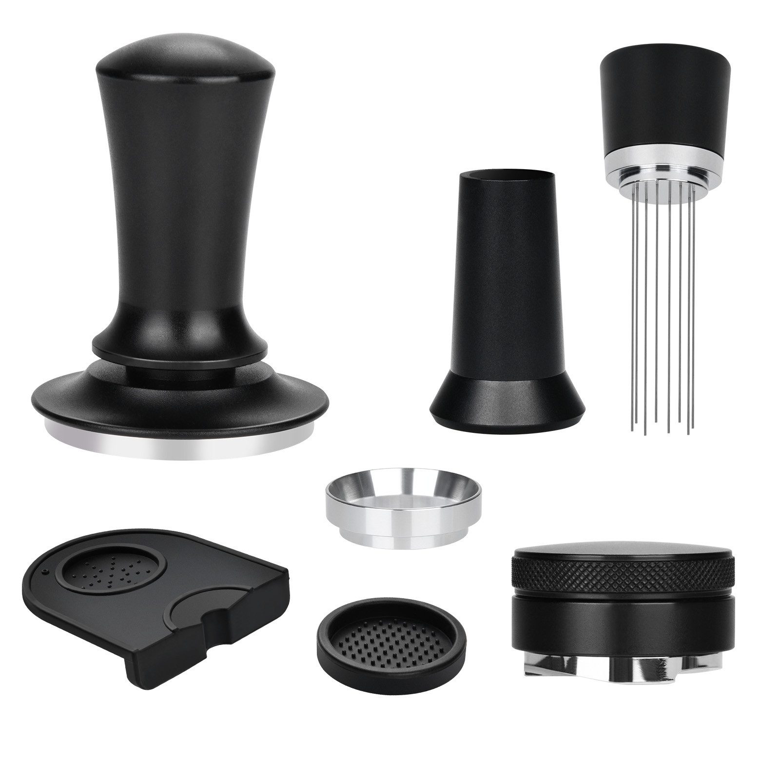 XERSEK Tamper 51mm Edelstahl Kaffeetamper Set mit Tampermatte für Espresso Barista, inkl. Verteiler, Kaffeepulverring, Tamping Matte & Nadel