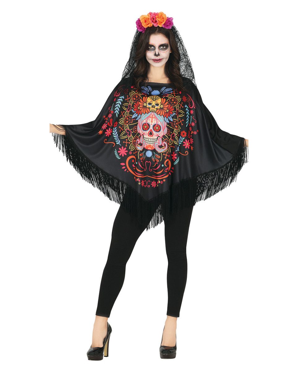 Horror-Shop Umhang Dia de los Muertos Poncho mit Fransen