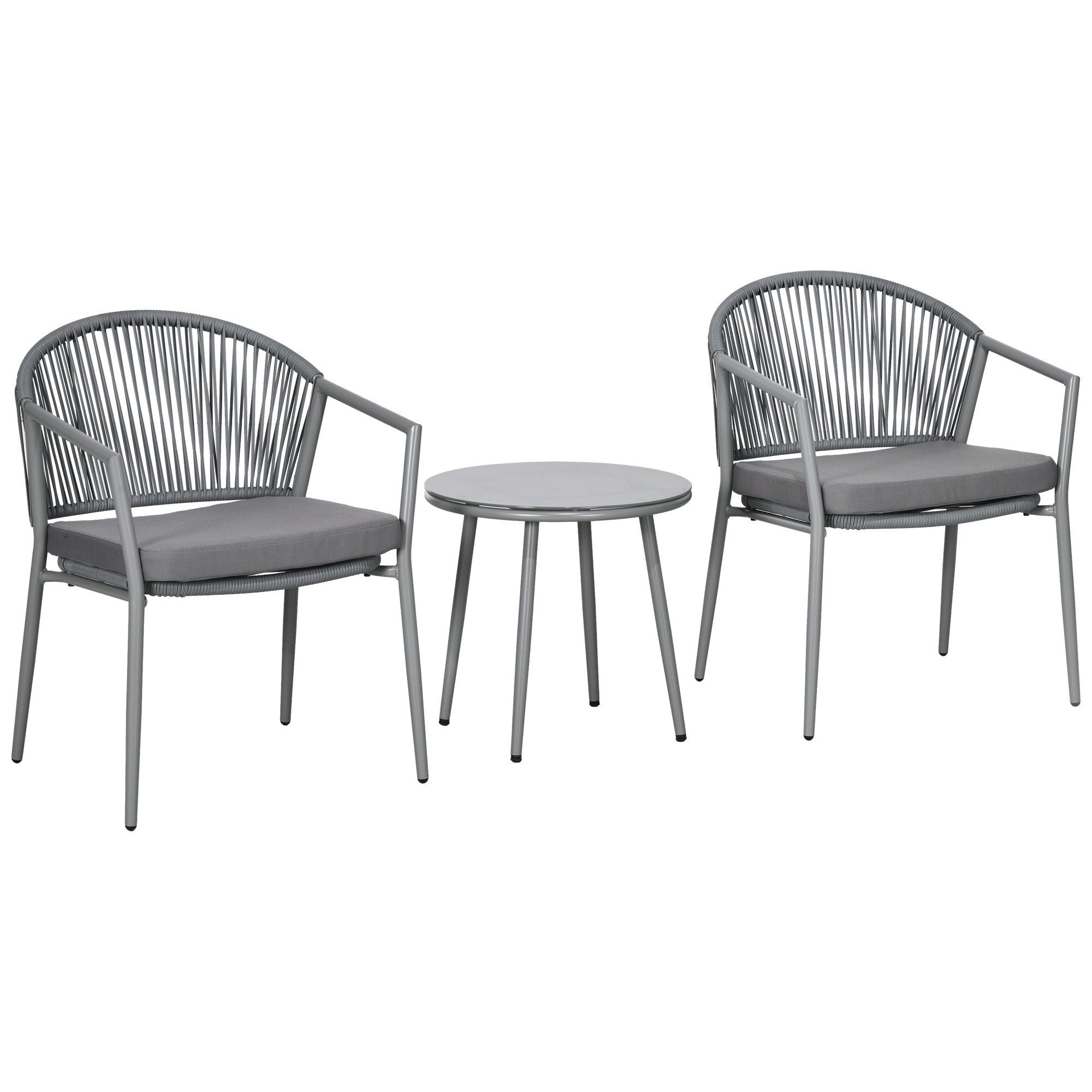 Outsunny Sitzgruppe Rattan Bistroset mit 2 Gartensesseln und Couchtisch, (Sitzgarnitur, 3-tlg., Balkonmöbel-Set), für Garten, Terrasse, Stahl, Grau – Bild 2 von 5