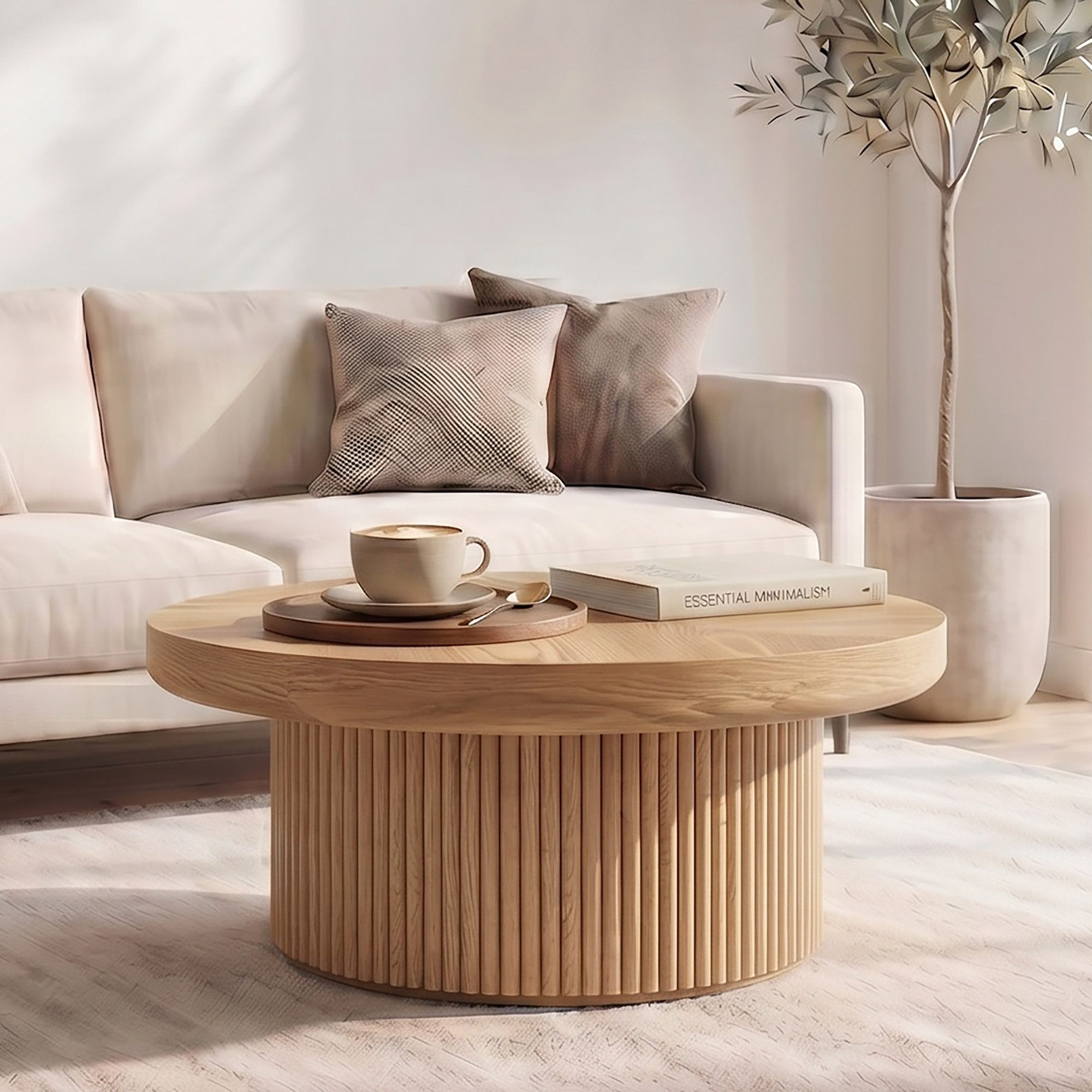 Celya Couchtisch Parkett-Tischplatte und zylindrischem Sockel (78×78×38.5cm, verstärkte Tischplatte), Einfache Montage