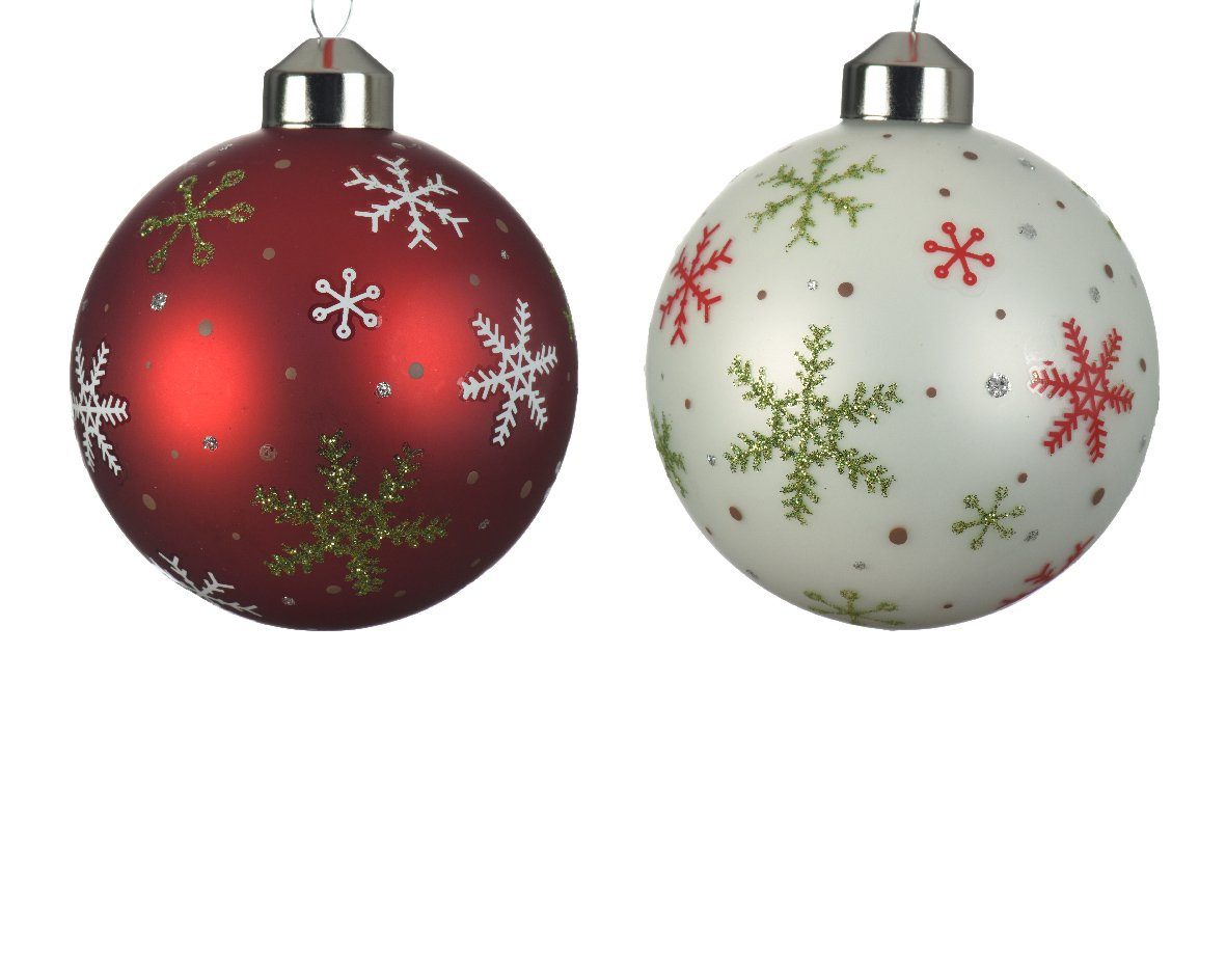 12er Weihnachtsbaumkugel, Schneeflocken 8cm Glas mit / Decoris Set Weihnachtskugeln decorations Motiv rot weiß season