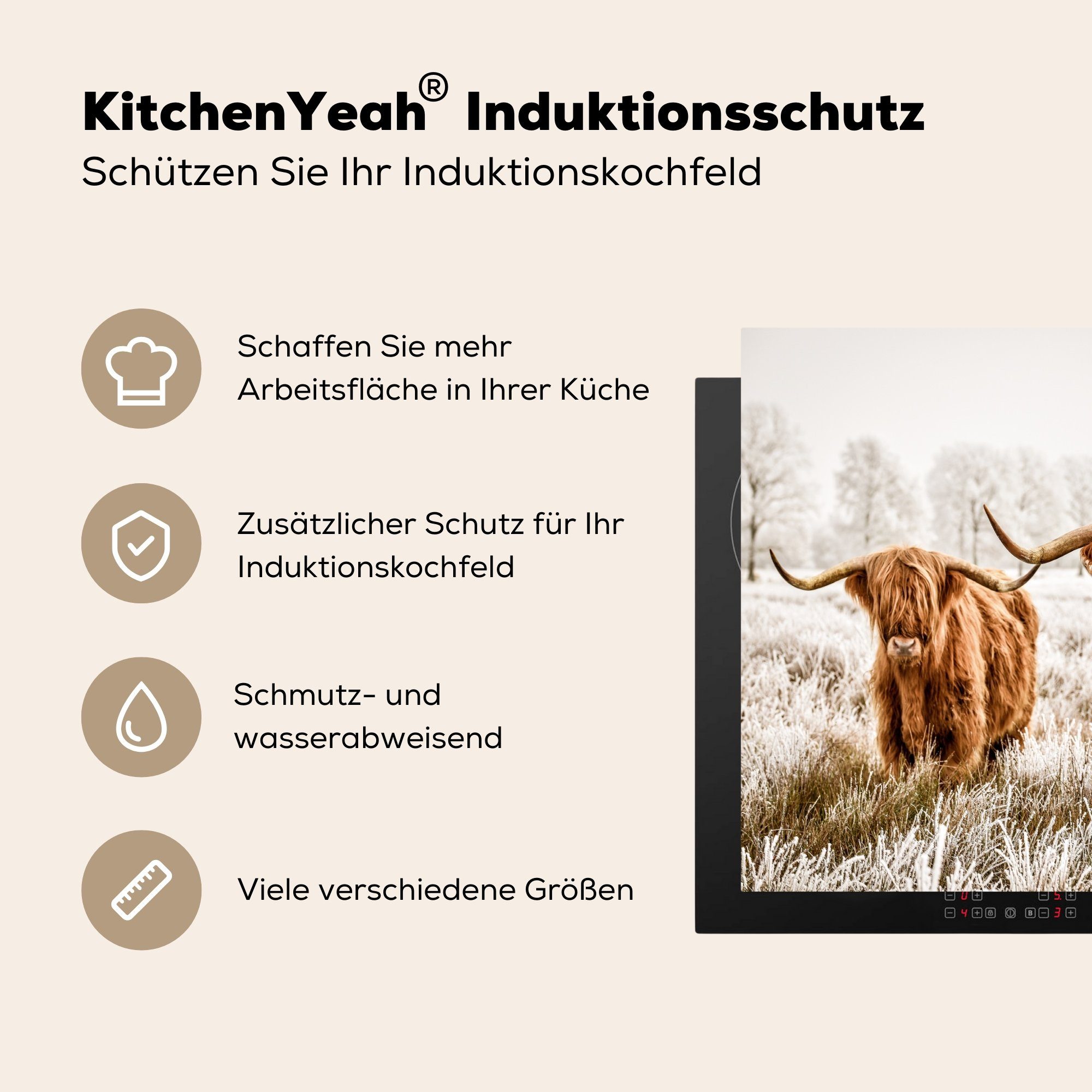- Kuh tlg), küche, die Induktionsmatte MuchoWow Ceranfeldabdeckung für 59x52 Vinyl, (1 Herdblende-/Abdeckplatte Schottischer Highlander cm, Tiere, -