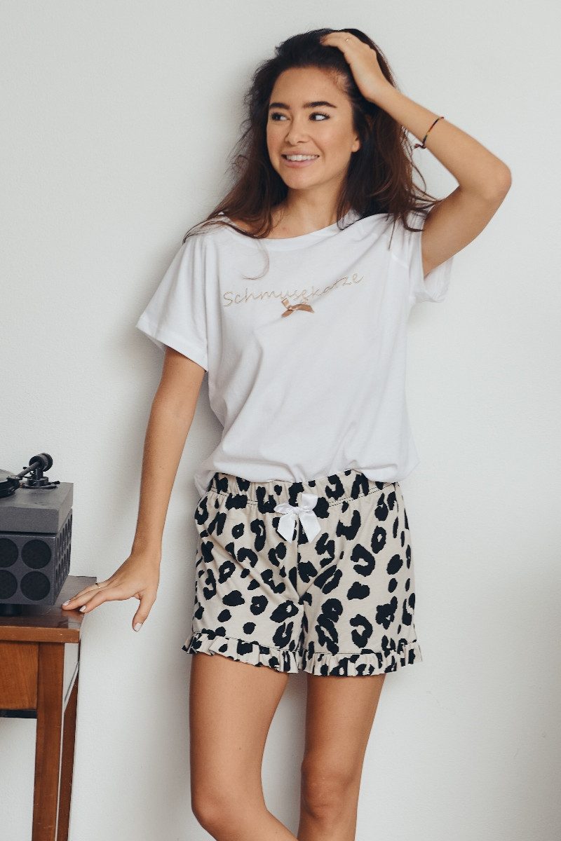 Louis & Louisa Schlafanzug Pyjama Damen - SCHMUSKATZE - weiß/leo