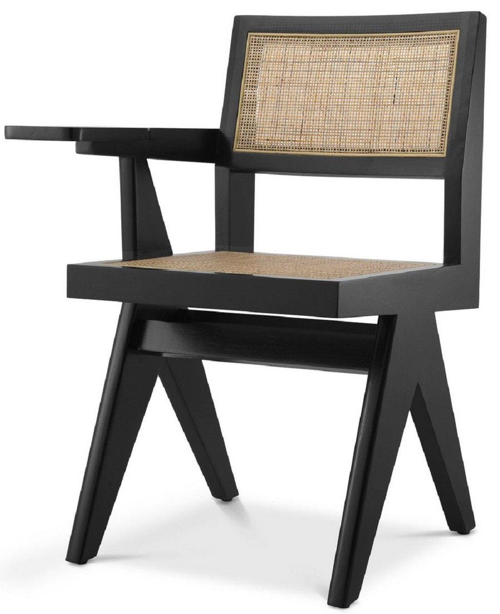 Casa Padrino Schreibtischstuhl Luxus Bürostuhl Schwarz / Naturfarben 44 x 54 x H. 85,5 cm - Massivholz Stuhl mit Rattangeflecht und Ablagefläche - Luxus Büro Möbel | Drehstühle
