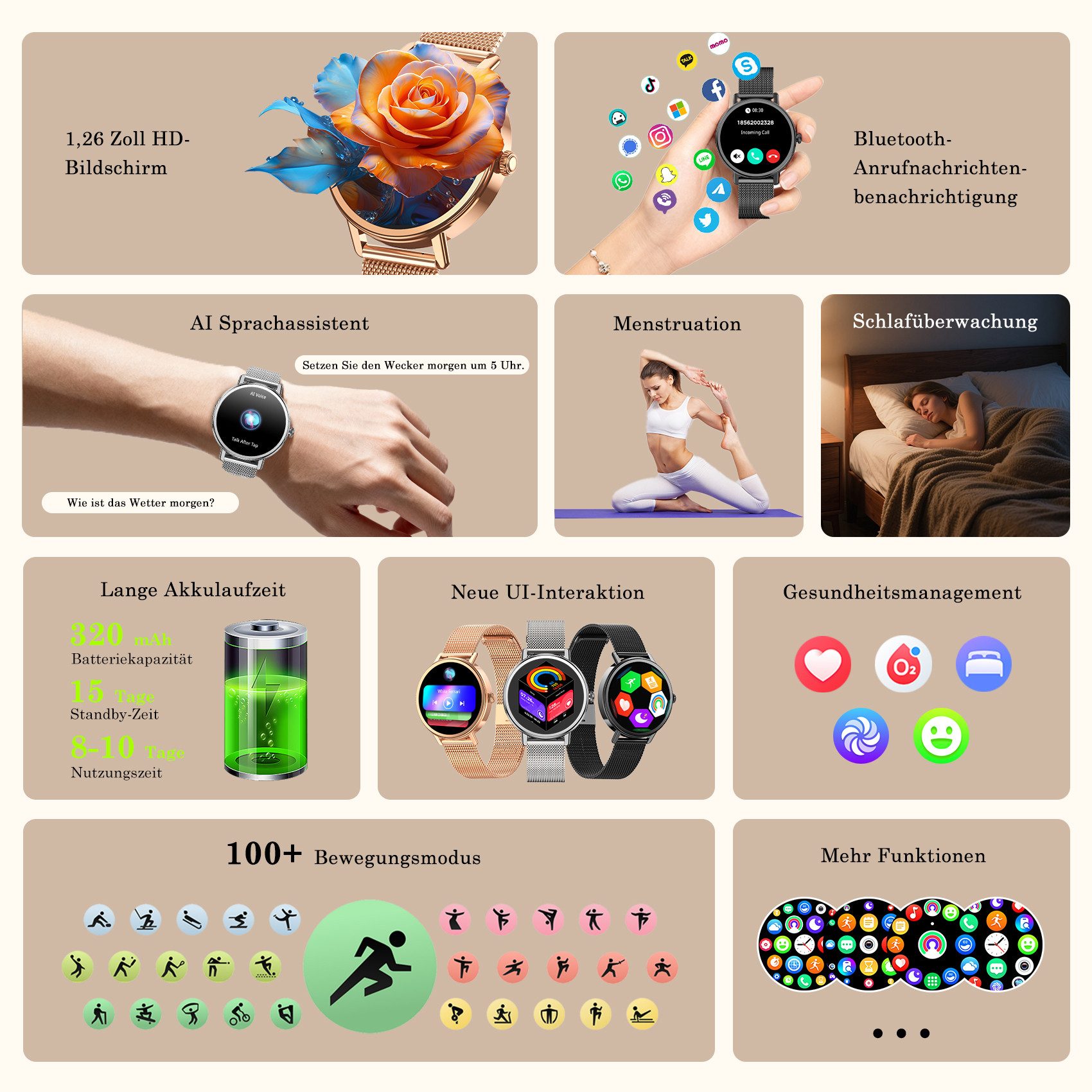 blackview Smartwatch X30 1,26″ für Damen mit Telefonfunktion undFitness-Tracking Smartwatch (4 cm/1.26 Zoll, iOS/Android) Set, mit Wechselband aus weichemSilikon und Ladekabel, 5 Tage Akkulaufzeit/2 Armbänder/HF&SpO₂& Blutdruck/100+ Sportmodi,IP68
