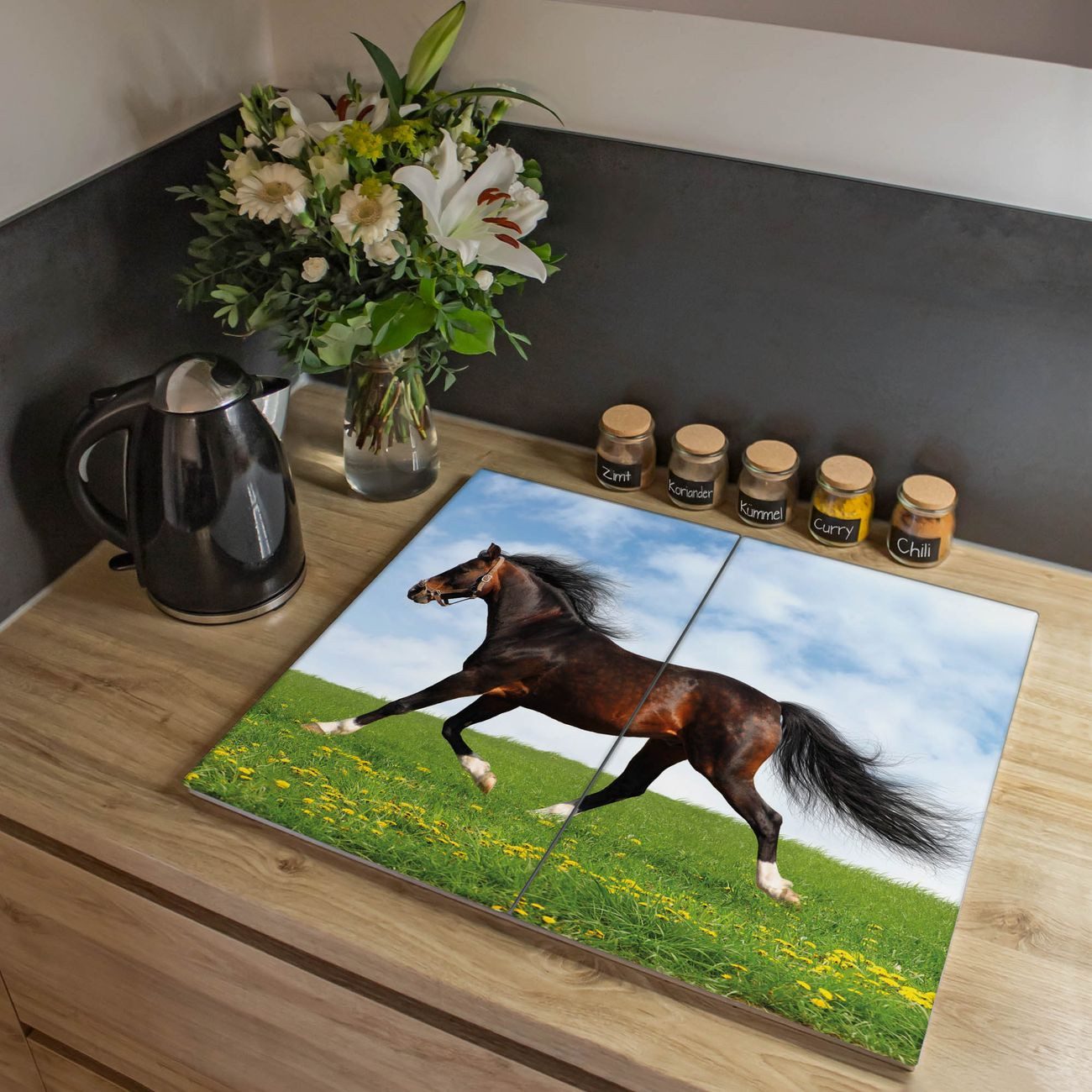 banjado Herd-Abdeckplatte zweiteilig aus Glas mit Motiv Pferd, (gehärtet, 2 tlg., inkl. selbstklebende Gummifüßchen)