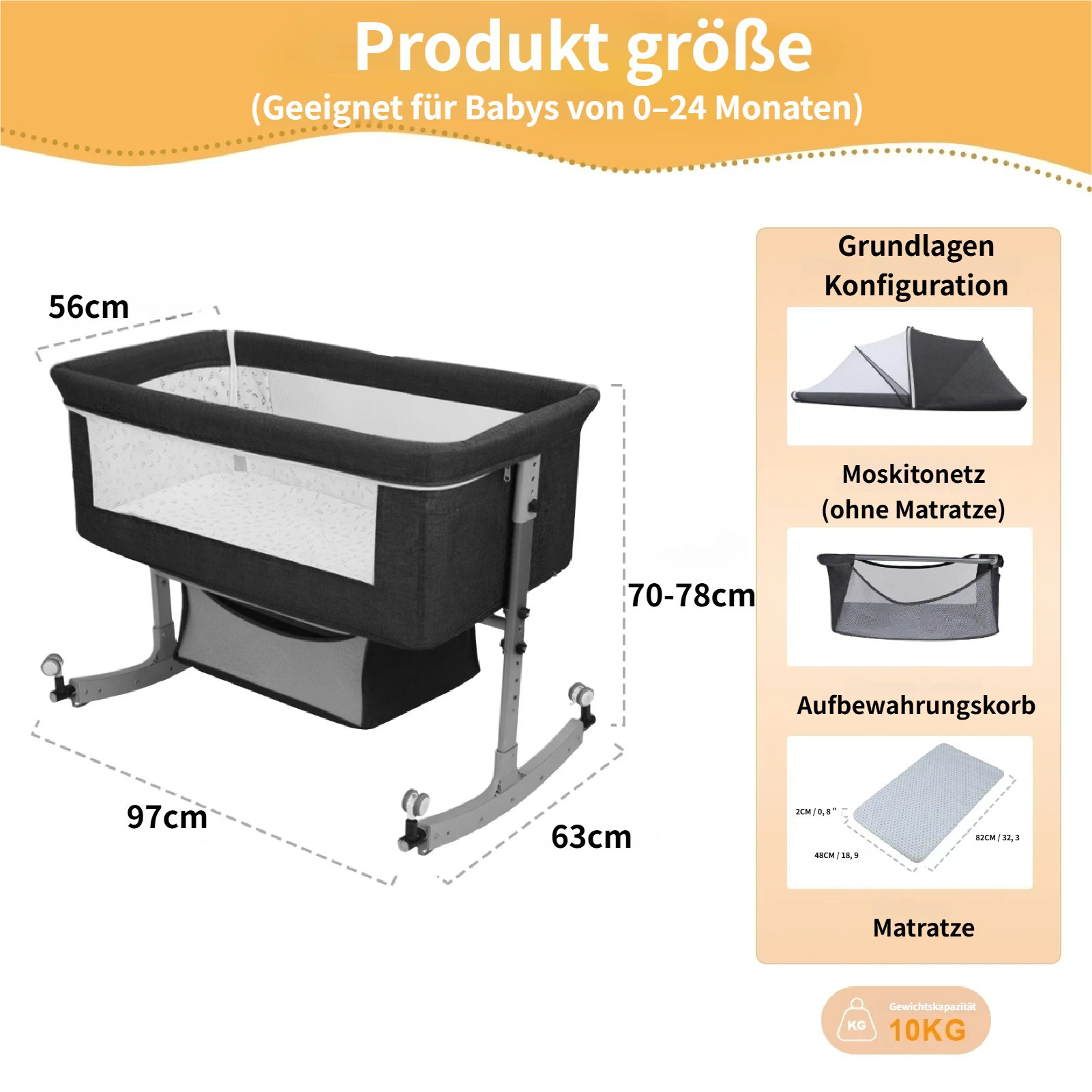 Rutaqian Beistellbett 3 in 1 Babybett & Babywiege & Reisebett,Stubenwagen, Bis 10KG, mit Rollen Kinderbett,Matratze,Moskitonetz,6-stufige Höhenverstellung