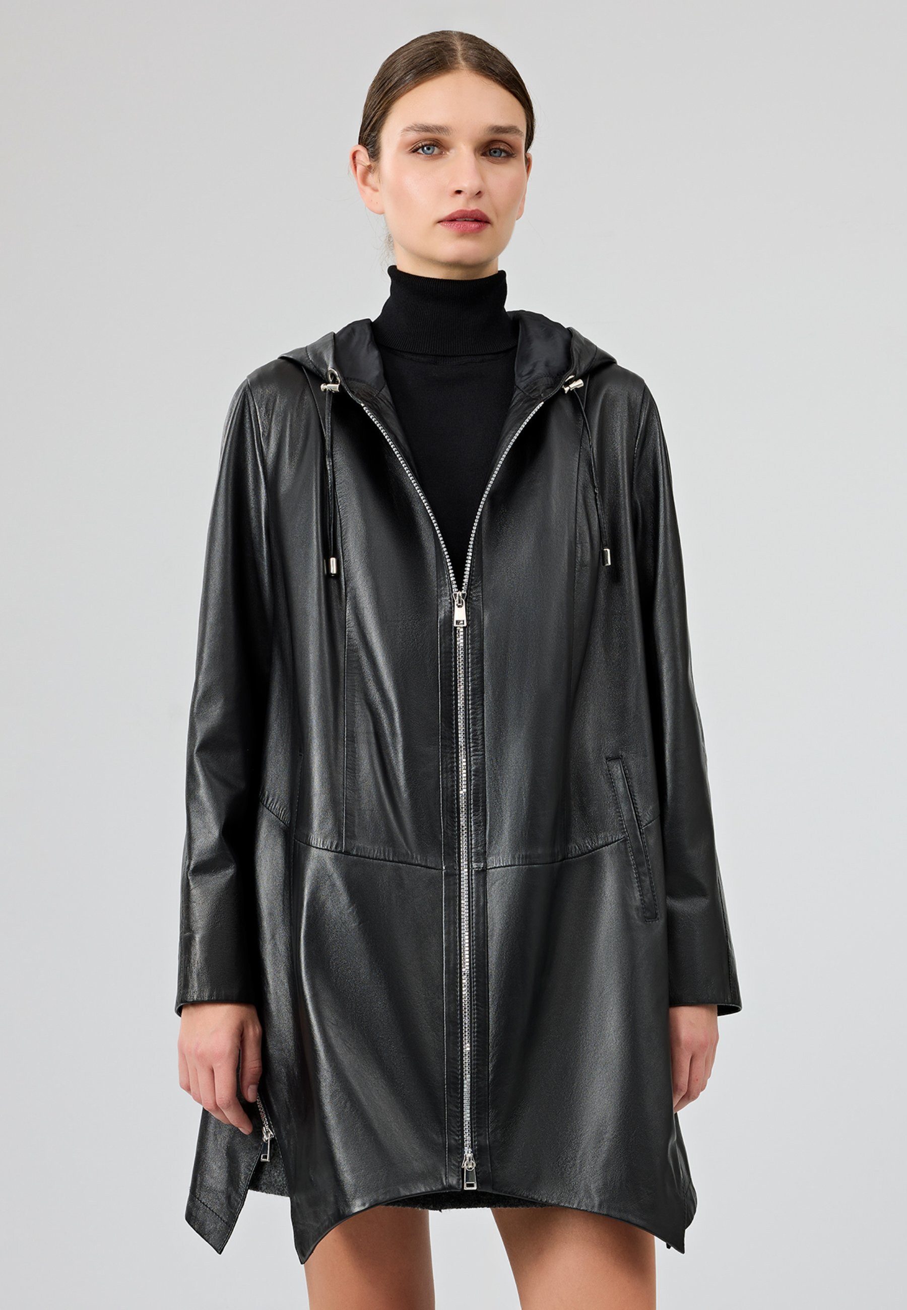 Derimod Daniela Leder-Trenchcoat Mit Kapuze Oversize Fit, Reißverschluss, Mit Kapuze, Lang, Textilfutter
