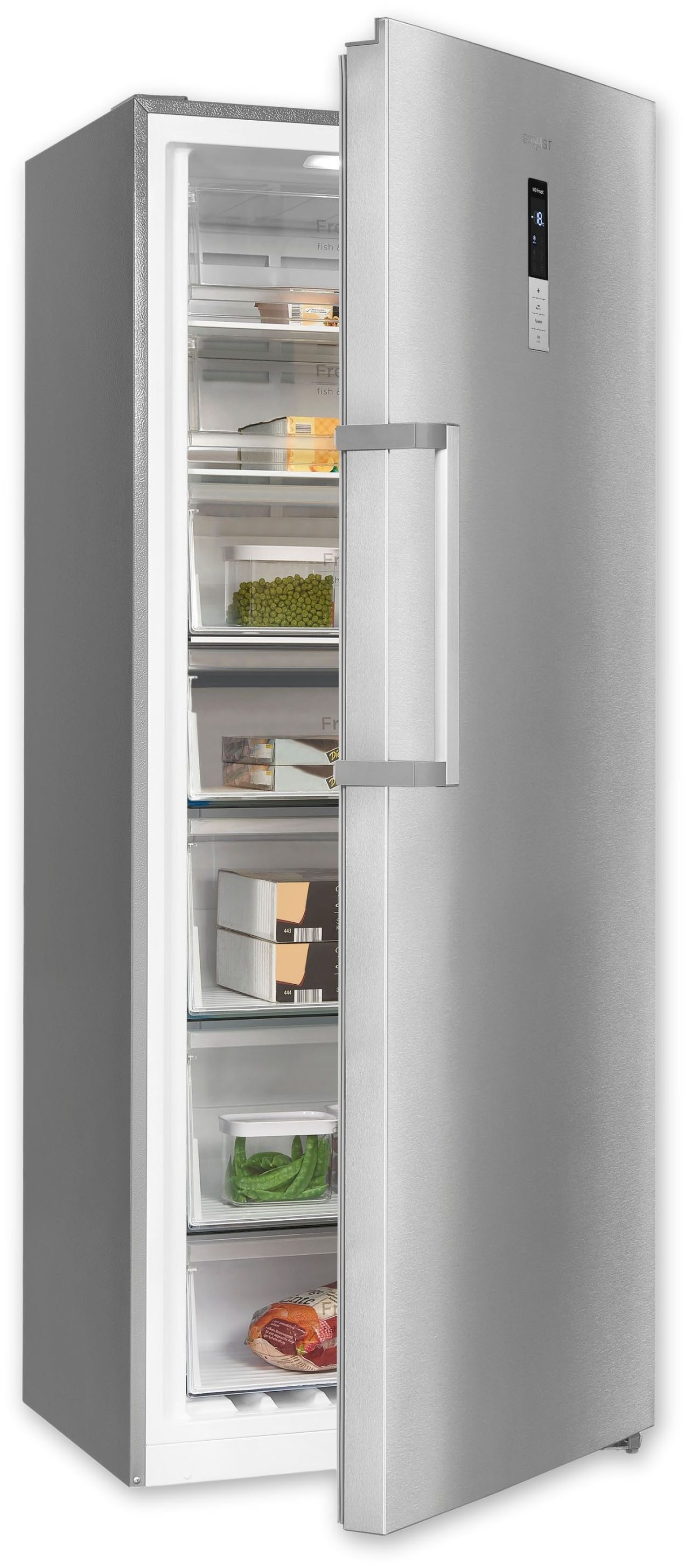 exquisit Gefrierschrank NoFrost GS380-NF-H-050E inoxlook, 185,5 cm hoch, 71 cm breit, 380 L Gefrierschrank: No-Frost, 4-Sterne & flexibel mit LED-Licht