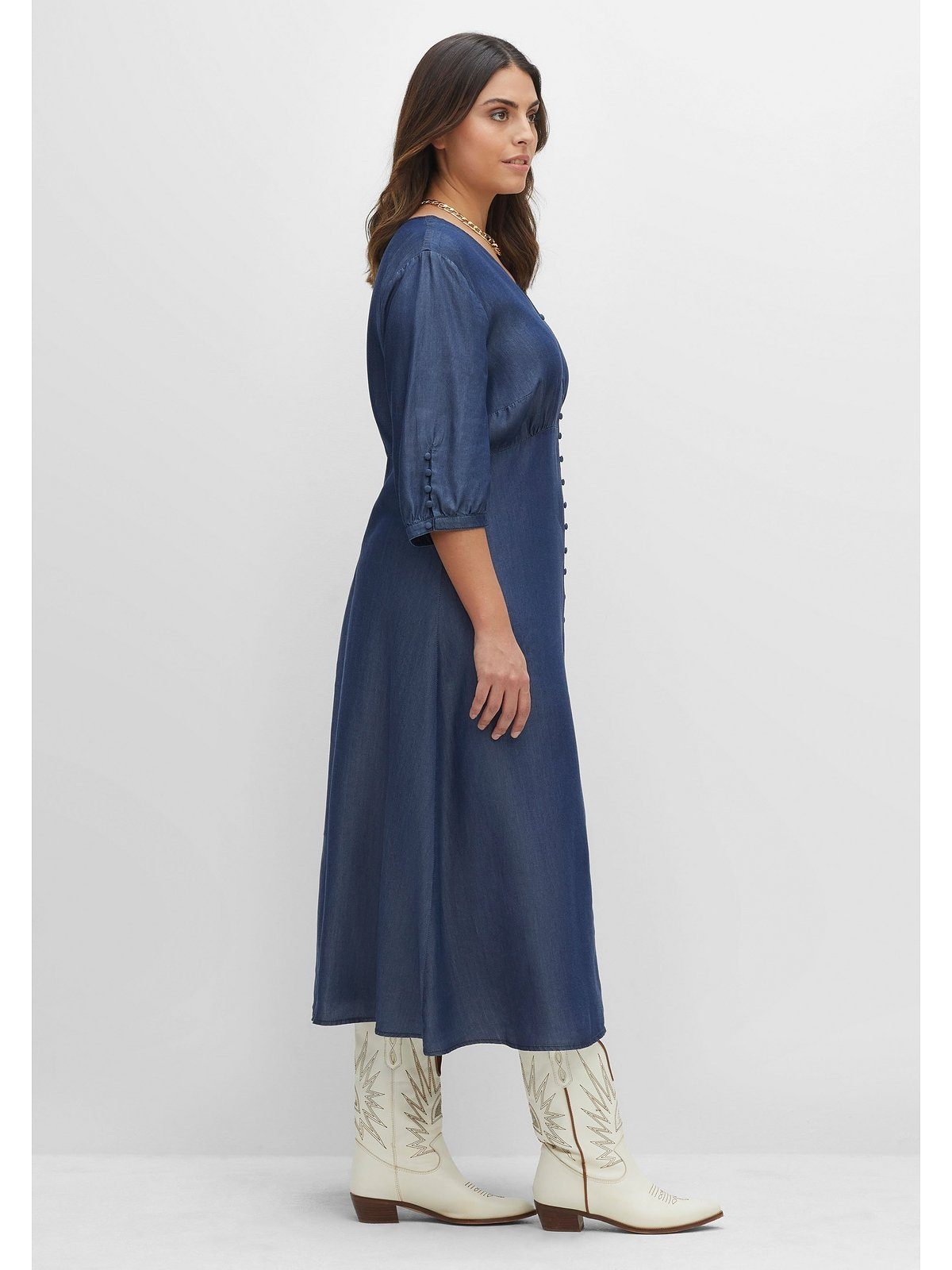 Jeanskleider Lang Damen – Denim-Maxikleid Mit V-Ausschnitt, 1/2 Arm, Wickeloptik & Seitenschlitz (Große Größen)