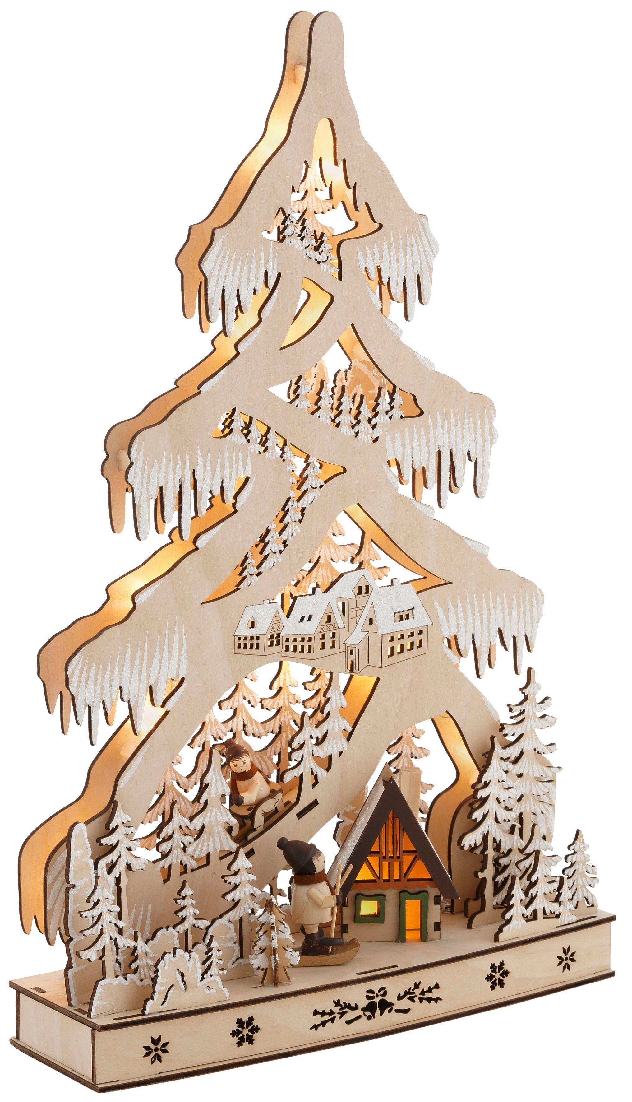 ca. 48 Warmweiß, integriert, affaire und Hütte Baum Skifahrern, Höhe fest Schneelandschaft, LED LED Home cm mit