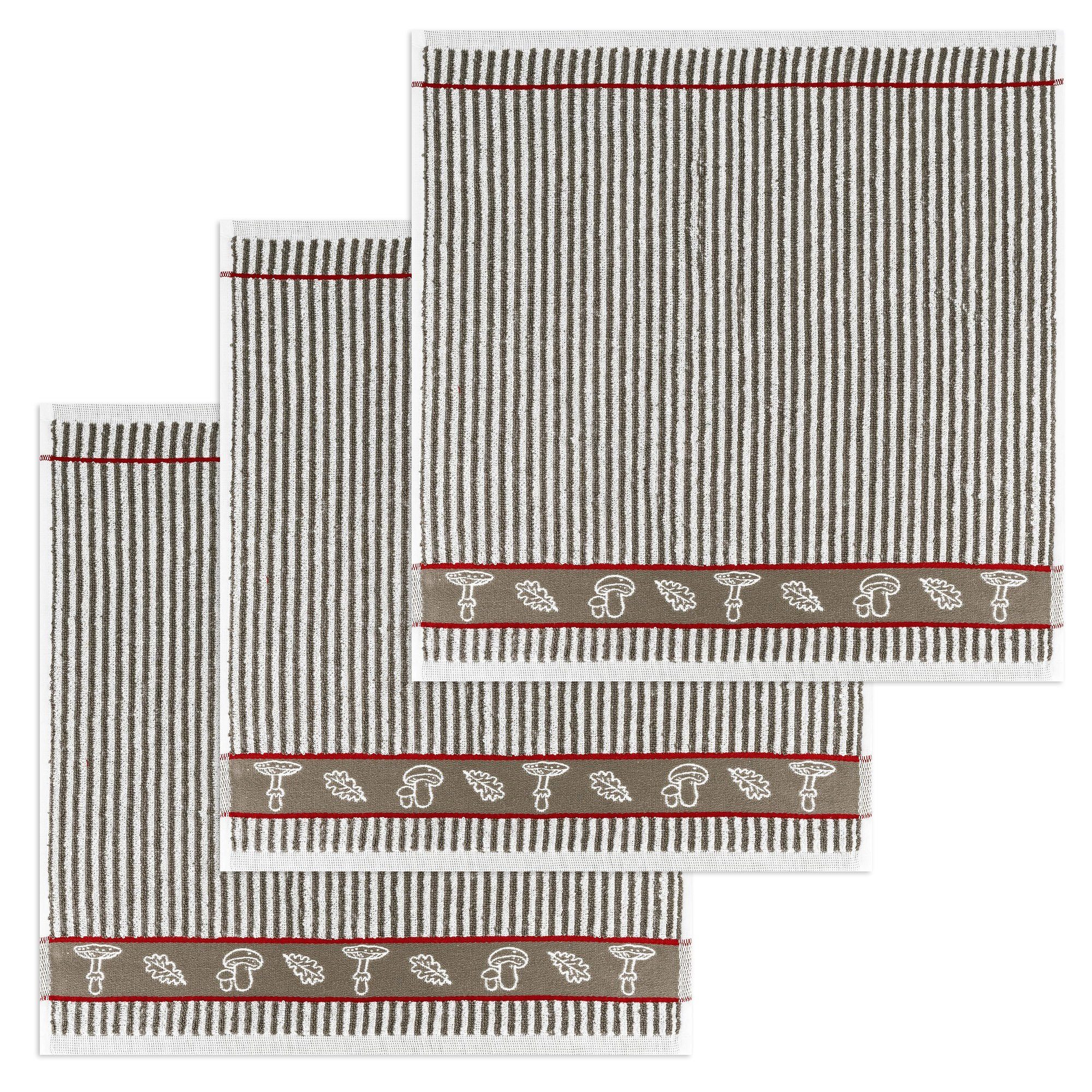 Stück) Baumwolle Pack Braun Geschirrtuch Waldpilze, 3-tlg., Küchenhandtücher 3er Set), Kracht ca.50x50cm Frottee (Set, (3