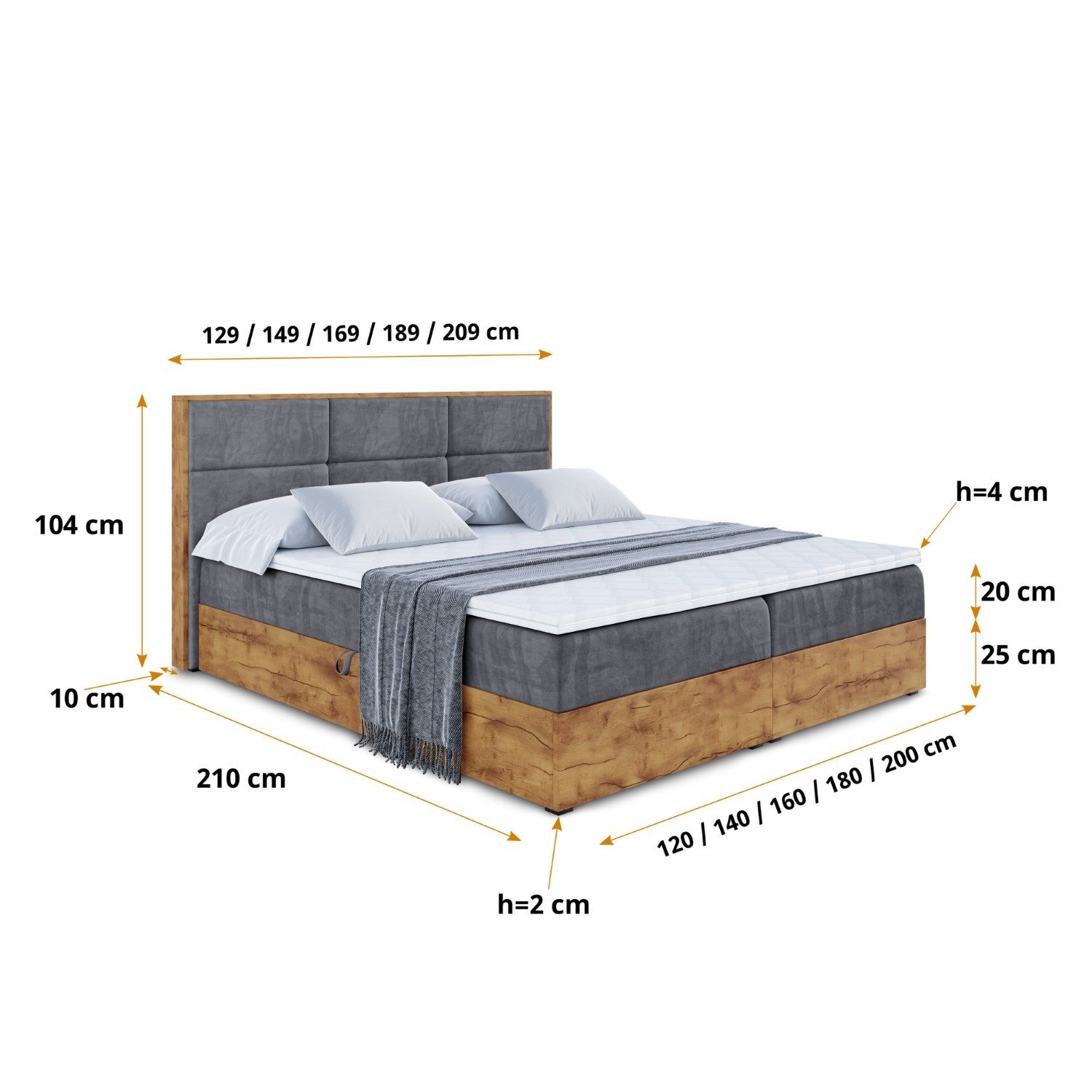 ALTDECOR Boxbett LOLLI1 (Multipocket-Matratze H4, H3 Matratze Bonellfederung, Topper, Kopfteil)