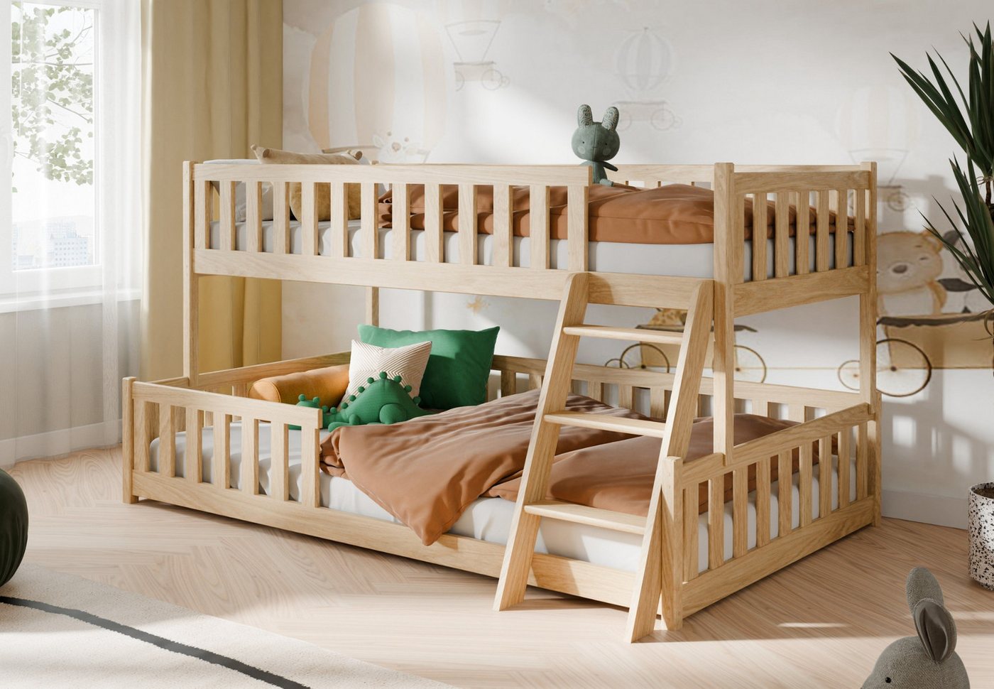 Kids Collective Etagenbett Hochbett Kinderbett 90x200/120x200 cm Rausfallschutz & Lattenrost, Mit Leiter, massives Kiefernholz, Natur