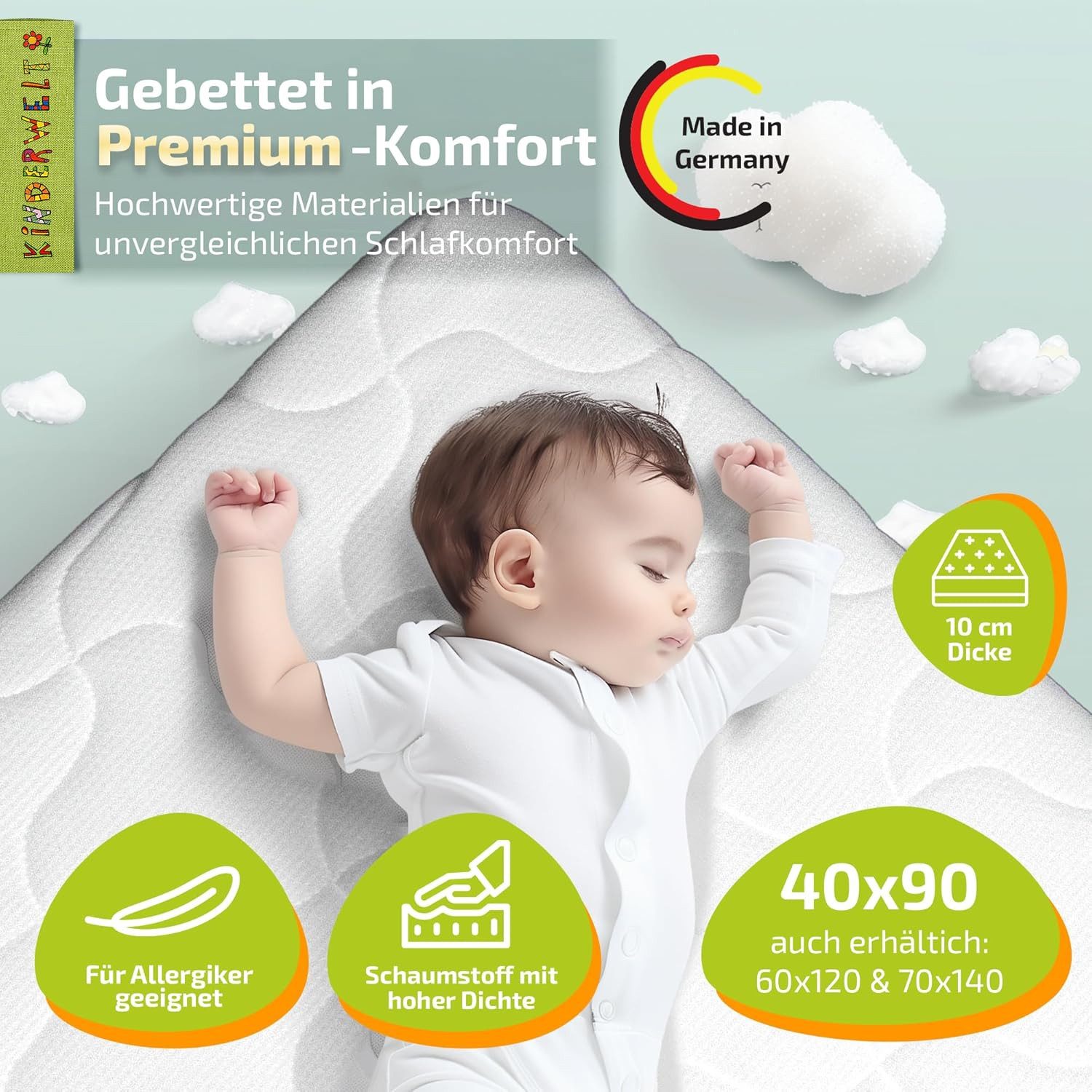 Babymatratze Baby Schaumkernmatratze mit Komfortbezug gesteppt Matratze 40 x 90 x, KiNDERWELT, 10 cm hoch