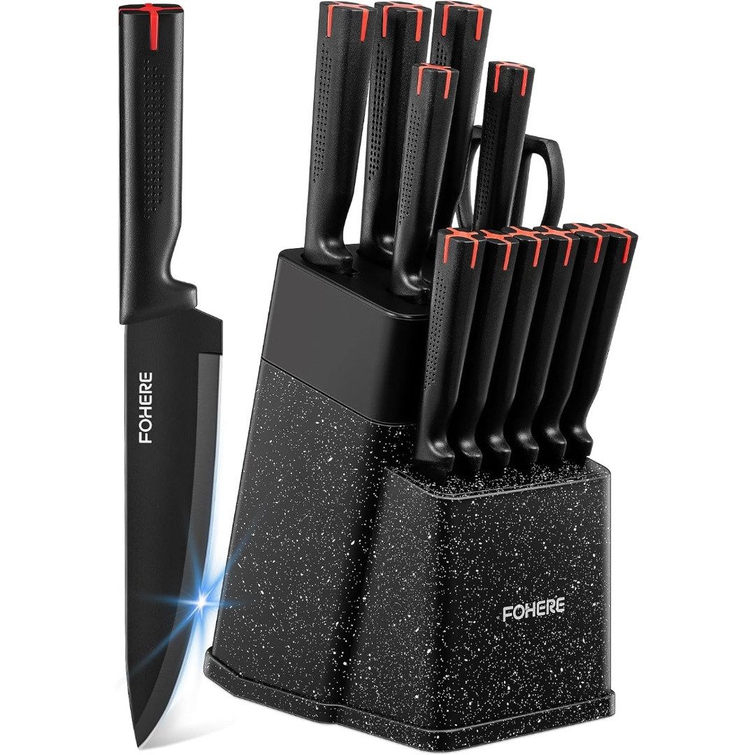 FOHERE Ножи-Set 13-teiliges Ножиset mit Block und Integriertem Schärfer (13-tlg), hochwertige Edelstahlklingen mit schwarzer Antihaft-Beschichtung
