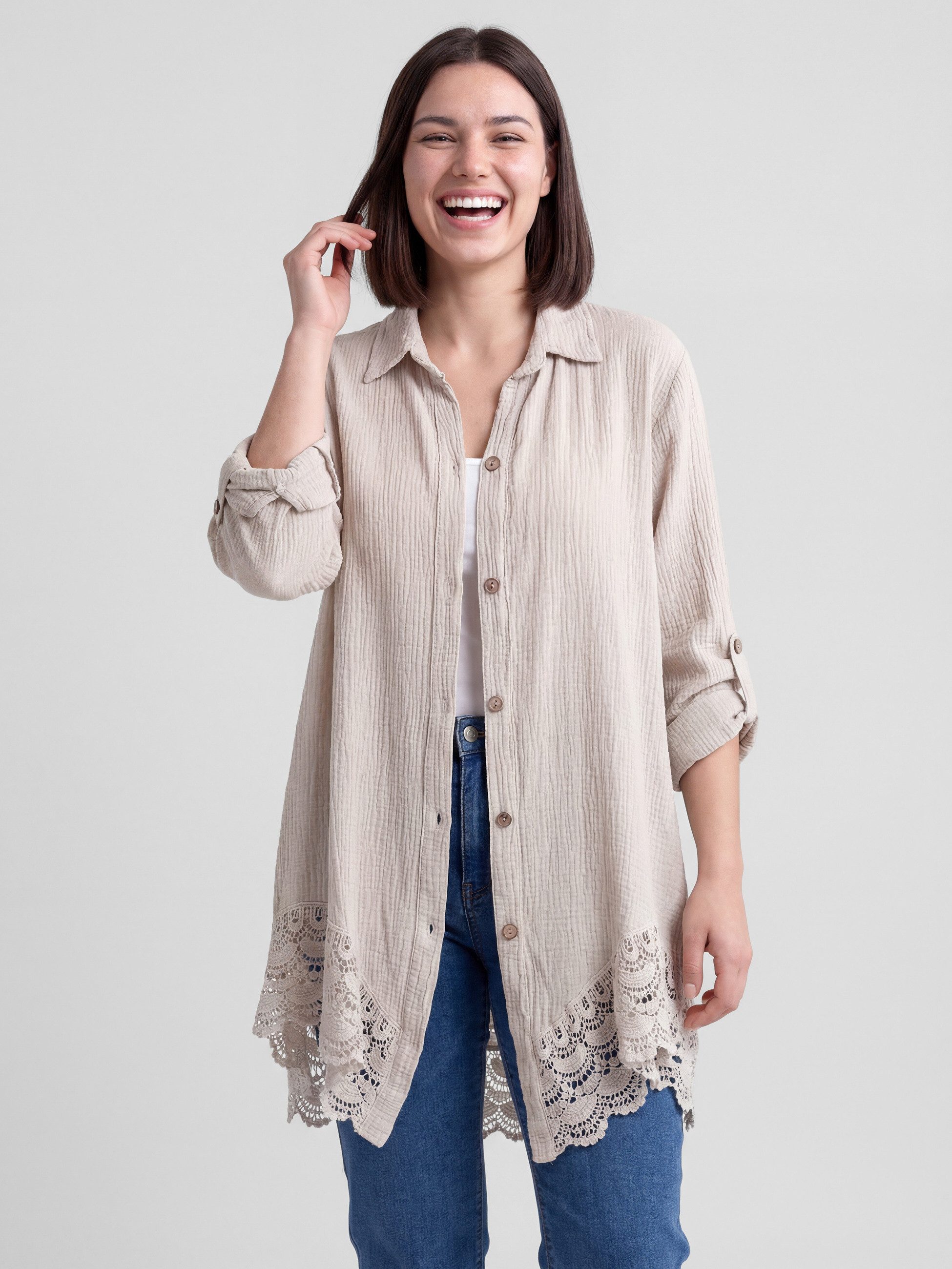PEKIVESSA Longbluse Oversized Musselin Longbluse mit Häkelspitze am Saum