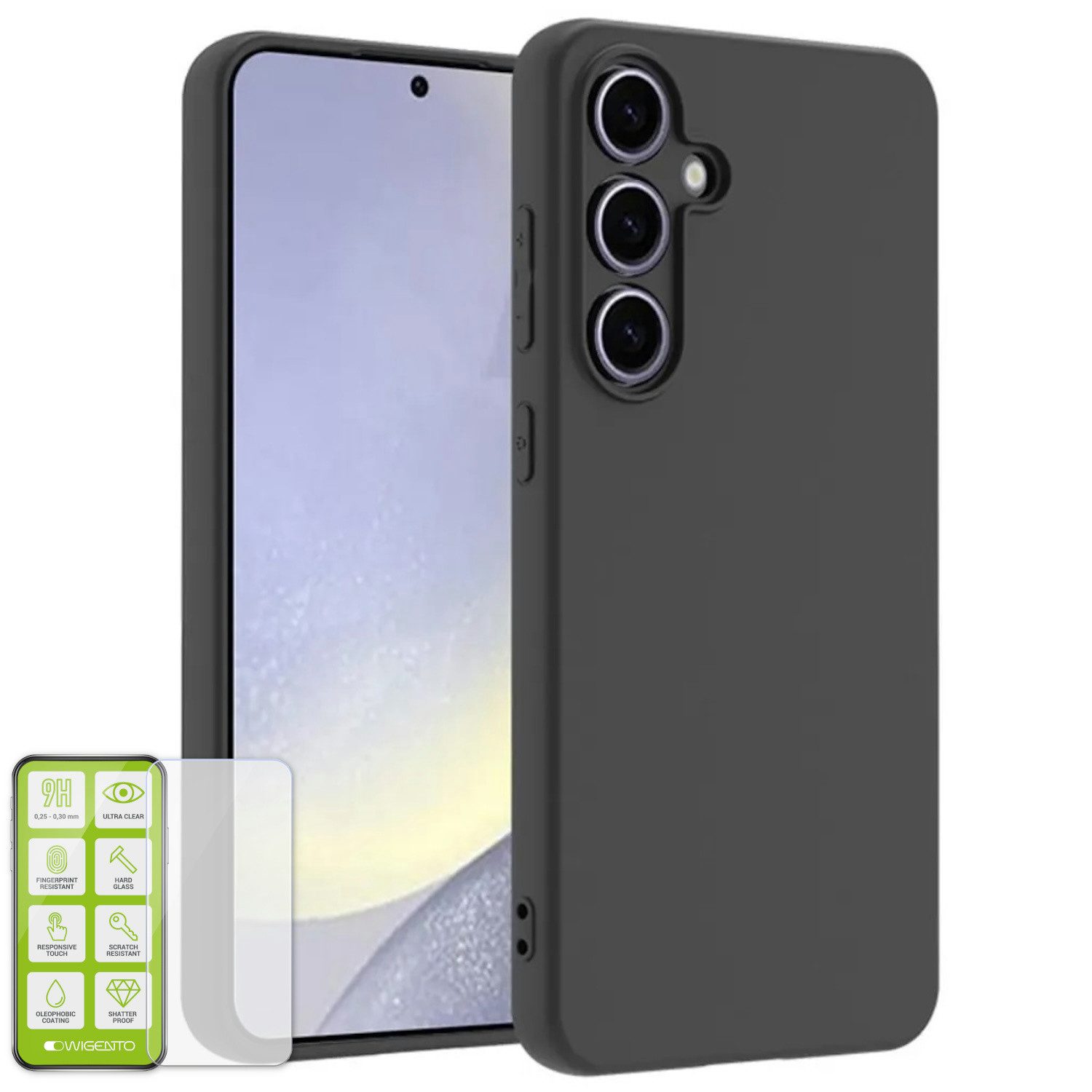 Wigento Handyhülle Für Samsung Galaxy S24 FE 5G Silikon TPU Hülle Schwarz + H9 Hart Glas, Produktset TPU Hülle mit Hart Glas