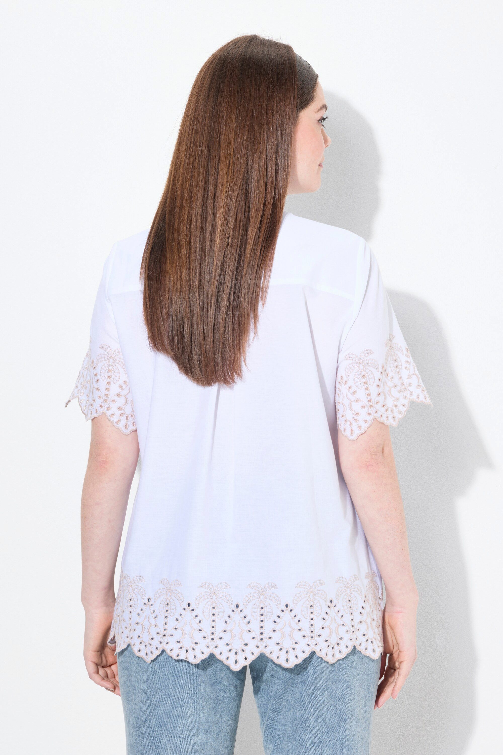 Ulla Popken Hemdbluse Shirtbluse Palmen Hemdkragen Halbarm Biobaumwolle