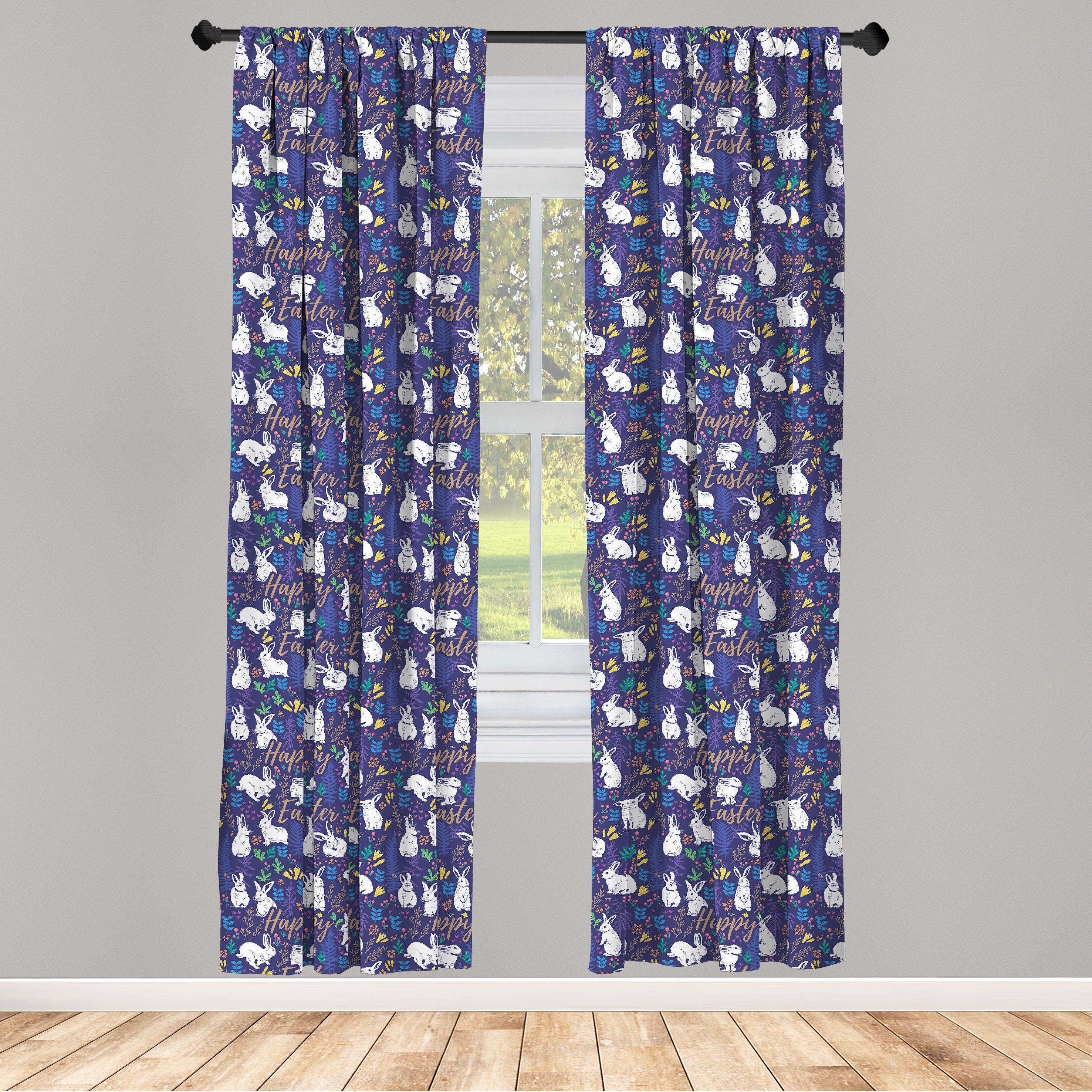 Gardine Vorhang für Wohnzimmer Schlafzimmer Dekor, Abakuhaus, Microfaser, Ostern Floral Bunnies Poses