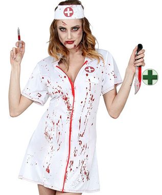 Karneval-Klamotten Zombie-Kostüm Horror Krankenschwester Kleid mit blutiges Messer, Damenkostüm Halloween, weißes Kleid mit Haube und Blutflecken