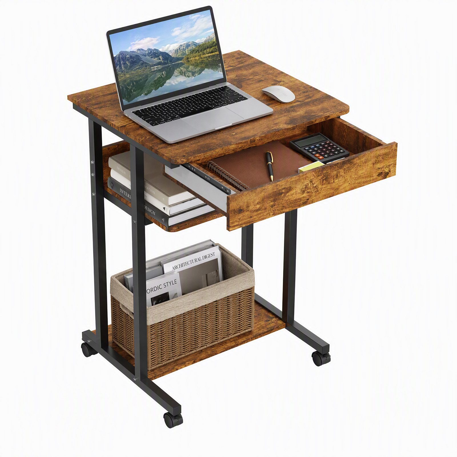 JEOBEST Computertisch Schreibtisch mit Rollen Laptoptisch, (1-St., Standregal) Beistelltisch aus Stahl mit Ablage und Schublade