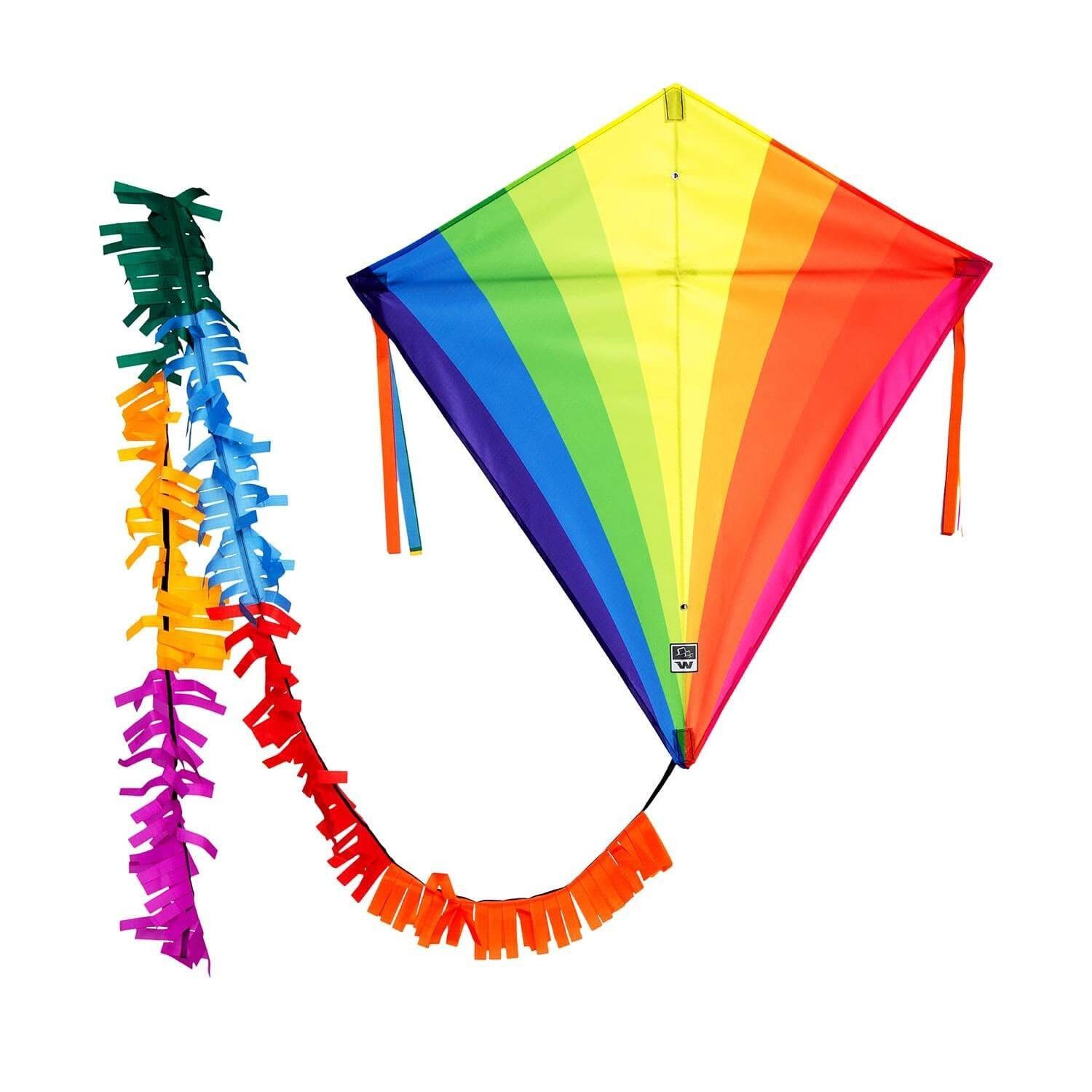 Wolkenstürmer Flug-Drache Kinderdrachen ab 3 Jahre Ready to Fly Outdoor Kite 75 cm, (Flugspielzeug Jungen Mädchen Rautendrachen mit Puschelschwanz, 1-tlg), Klassischer Kinderdrachen flugfertiger Eddy ab 3 Jahre mit Regenbogen