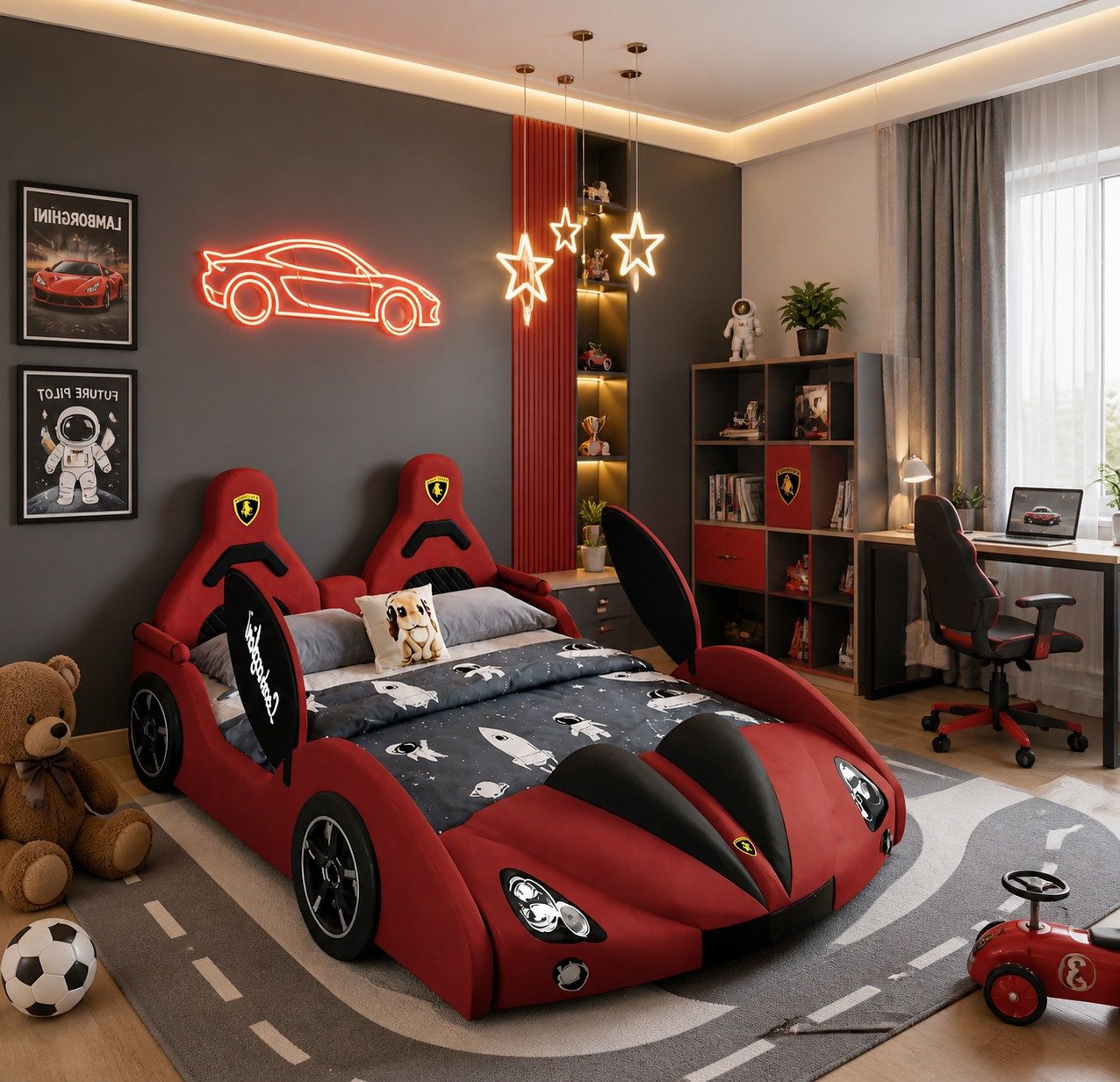 Xlmoebel Autobett Rotes Autobett für Kinder mit LED und Bluetooth-Funktion, Made in Europa