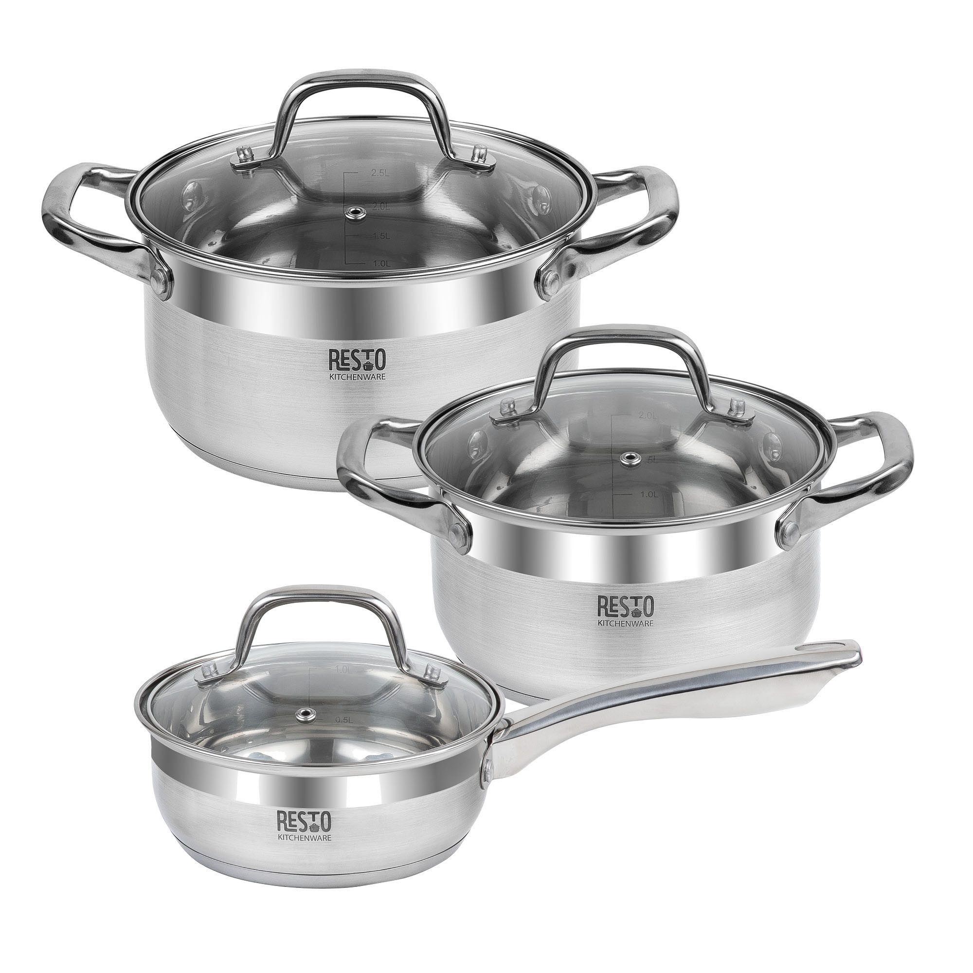 RESTO Kitchenware Topf-Set LIBRA, spülmaschinengeeignet, Edelstahl 18/10 (Set, 6-tlg., 1x Soßentopf Ø 16 cm mit Deckel, je 2x Kochtopf Ø 18/20 cm mit Deckel), für alle Herdarten geeignet, auch Induktion