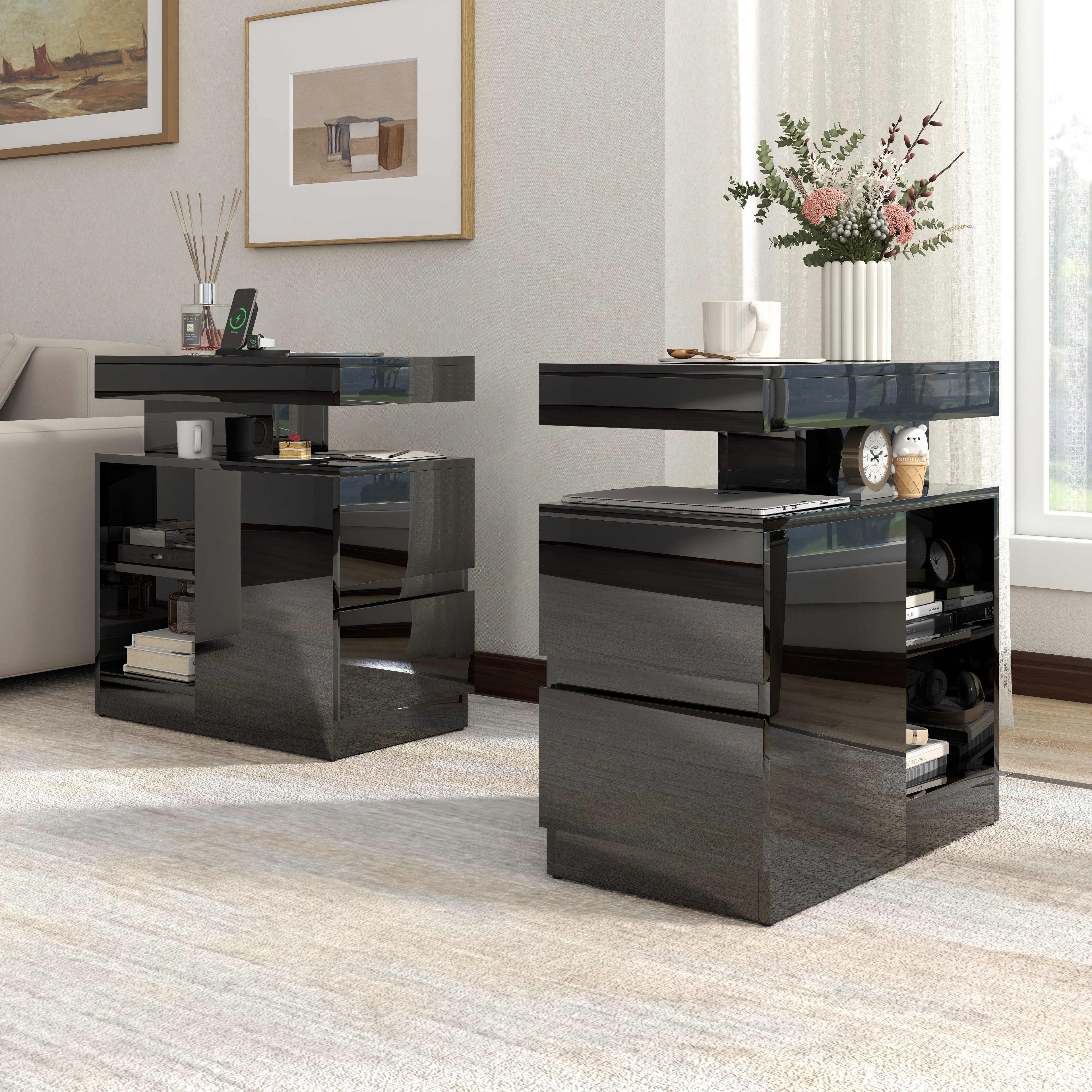 JOIVI Beistelltisch Moderner Beistelltisch im Hochglanz (Wohnzimmertisch in 60 x 32 x 62 cm, Kaffeetisch mit 2 Schuhbladen), Sofatisch für Wohnzimmer, Schlafzimmer, Büro, Schwarz