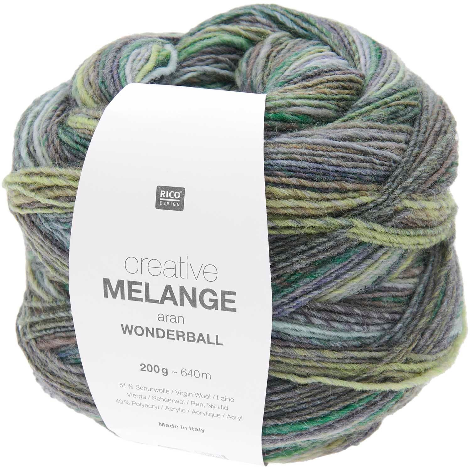 Rico Design Creative Melange Aran Wonderball Häkelwolle, 640,00 m (Wolle mit Farbverlauf zum stricken oder häkeln, Strickgarn Handstrickgarn Strickwolle, 200g), dicke Farbverlaufswolle