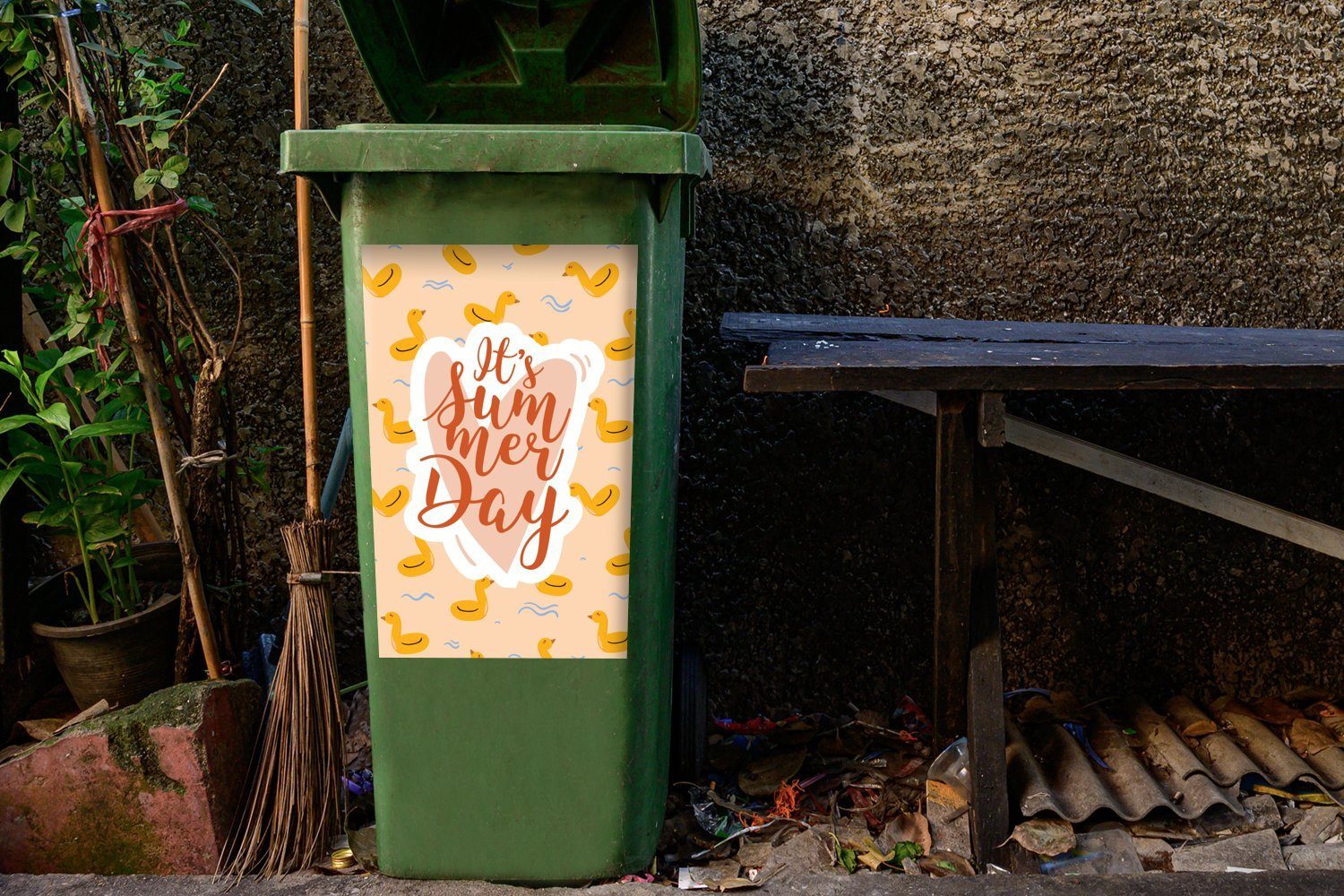 MuchoWow Wandsticker Sommer - Container, Gelb Mülltonne, Mülleimer-aufkleber, - Abfalbehälter Rosa Sticker, (1 St)