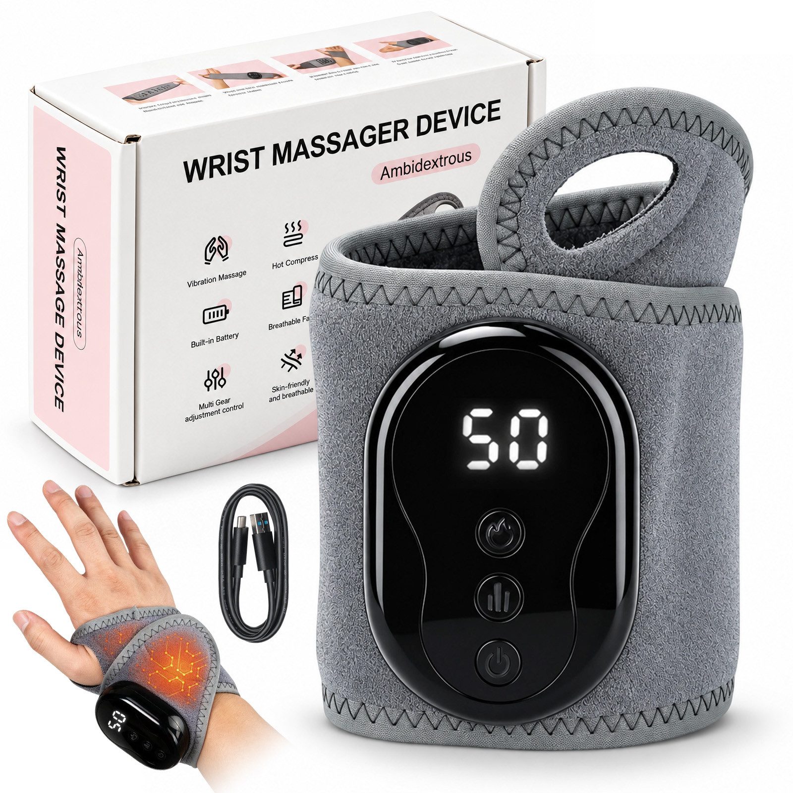 AKKEE Massagegerät Handgelenk-Massagegerät mit Wärme und Vibration, 5 Wärmestufen, Kabellose Handgelenkbandage mit USB-Aufladung