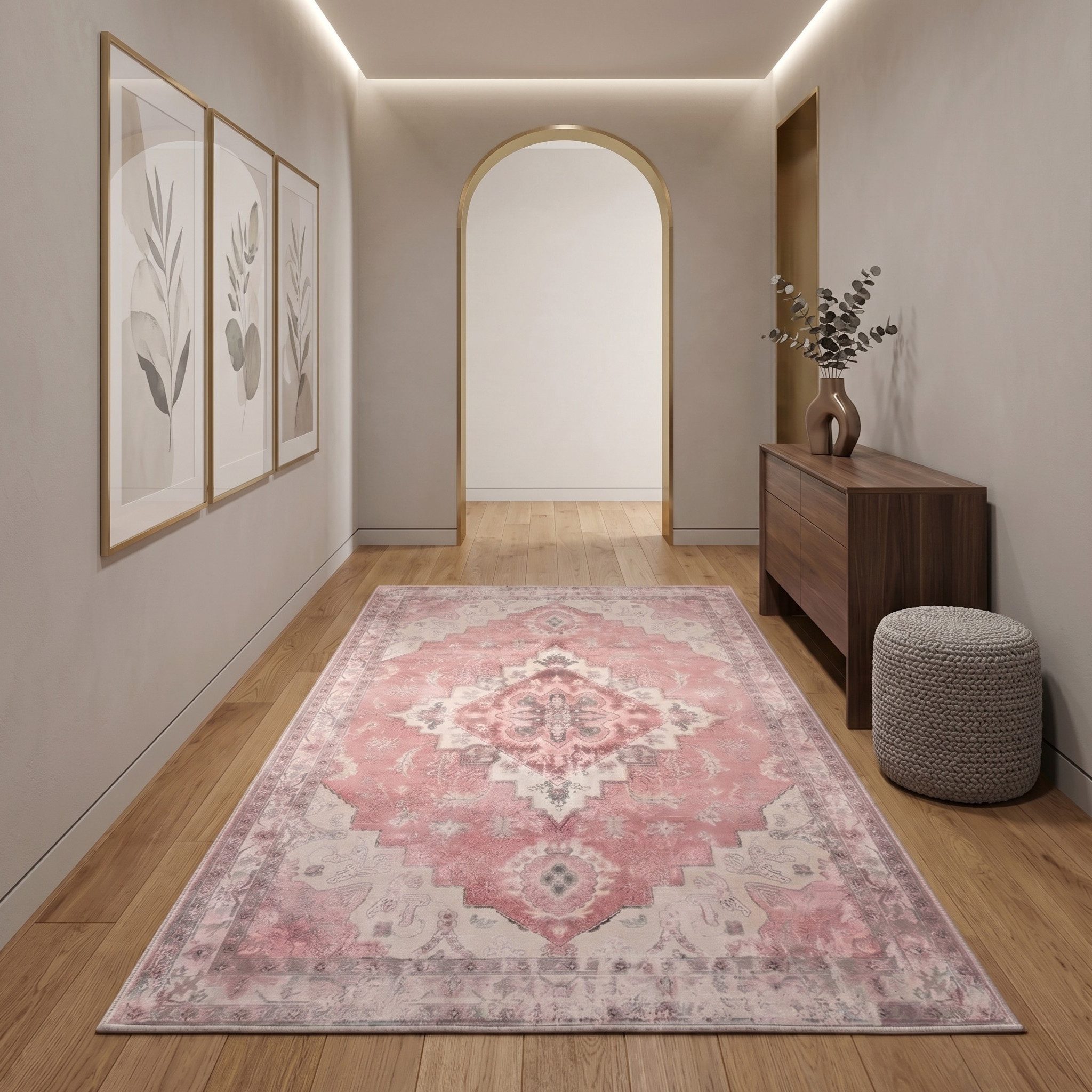 Norvéa Home Teppich Boho Läuferteppich Waschbar Flurteppich Wohnzimmerteppich Rosa, Boho Läuferteppich in Rosa mit Vintage-Optik