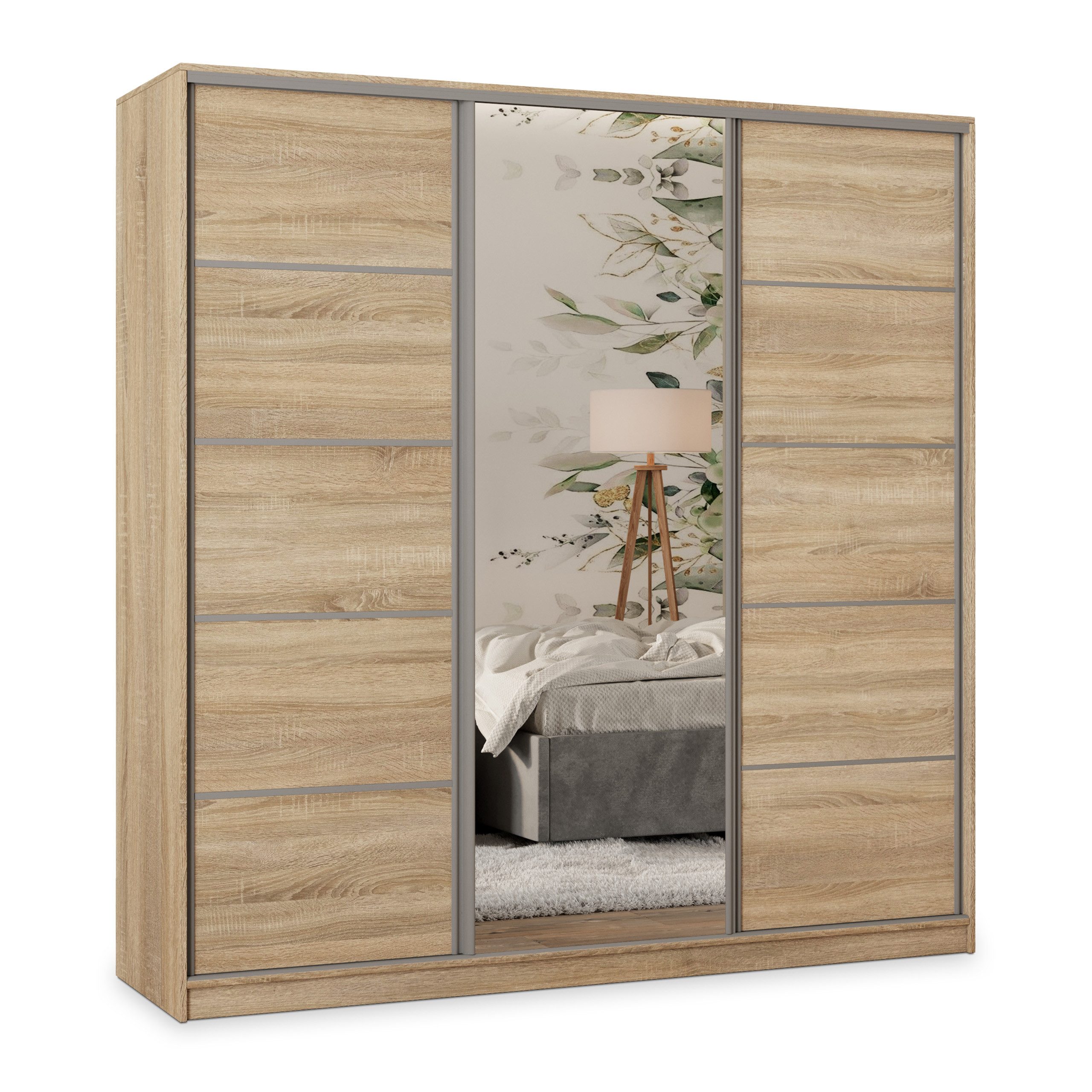 Masseno Schwebetürenschrank PINA Kleiderschrank mit Spiegel und Schubladen Schlafzimmerschrank