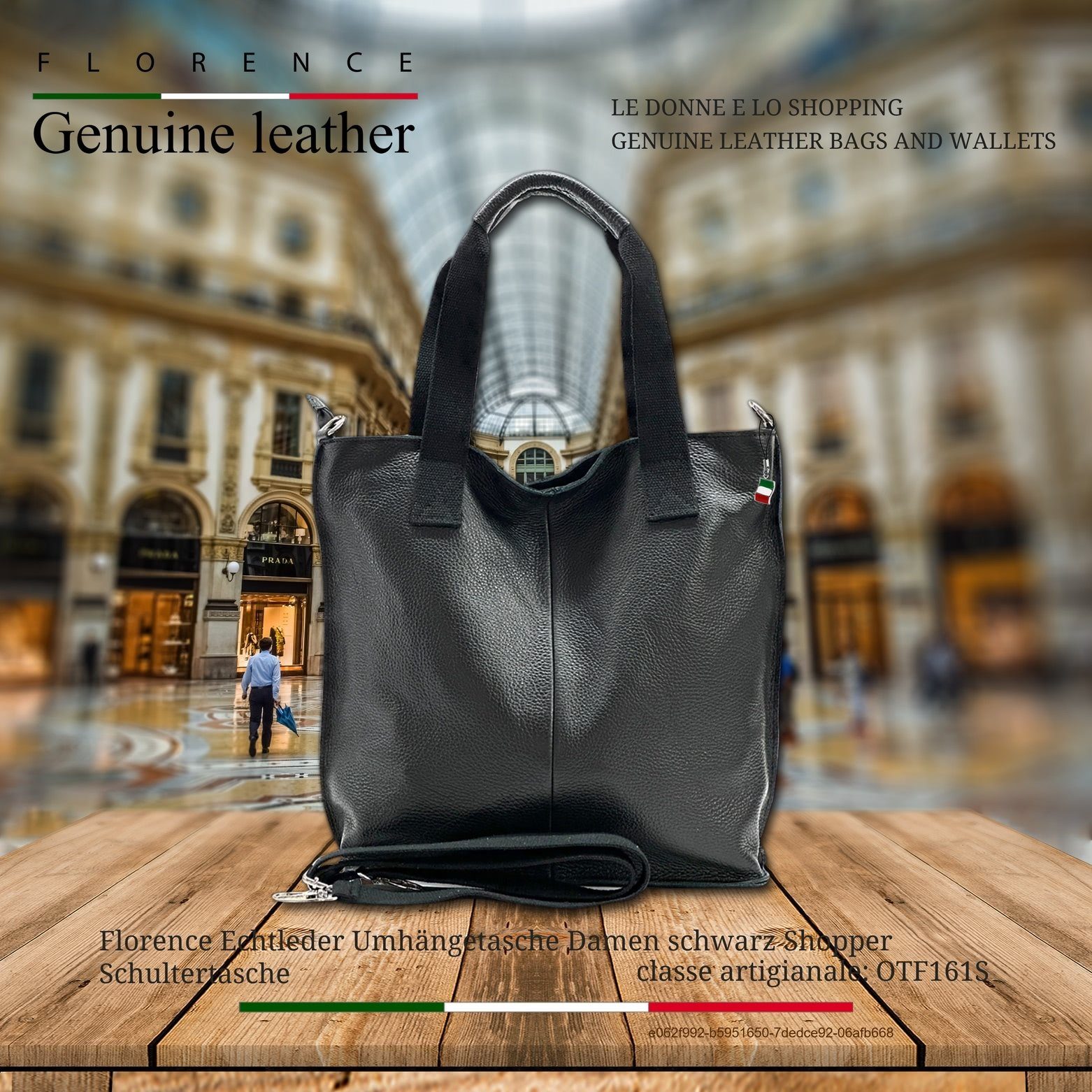 FLORENCE Schultertasche Florence Echtleder Umhängetasche Damen (Schultertasche), Damen Leder Schultertasche, Shopper, schwarz ca. 44cm