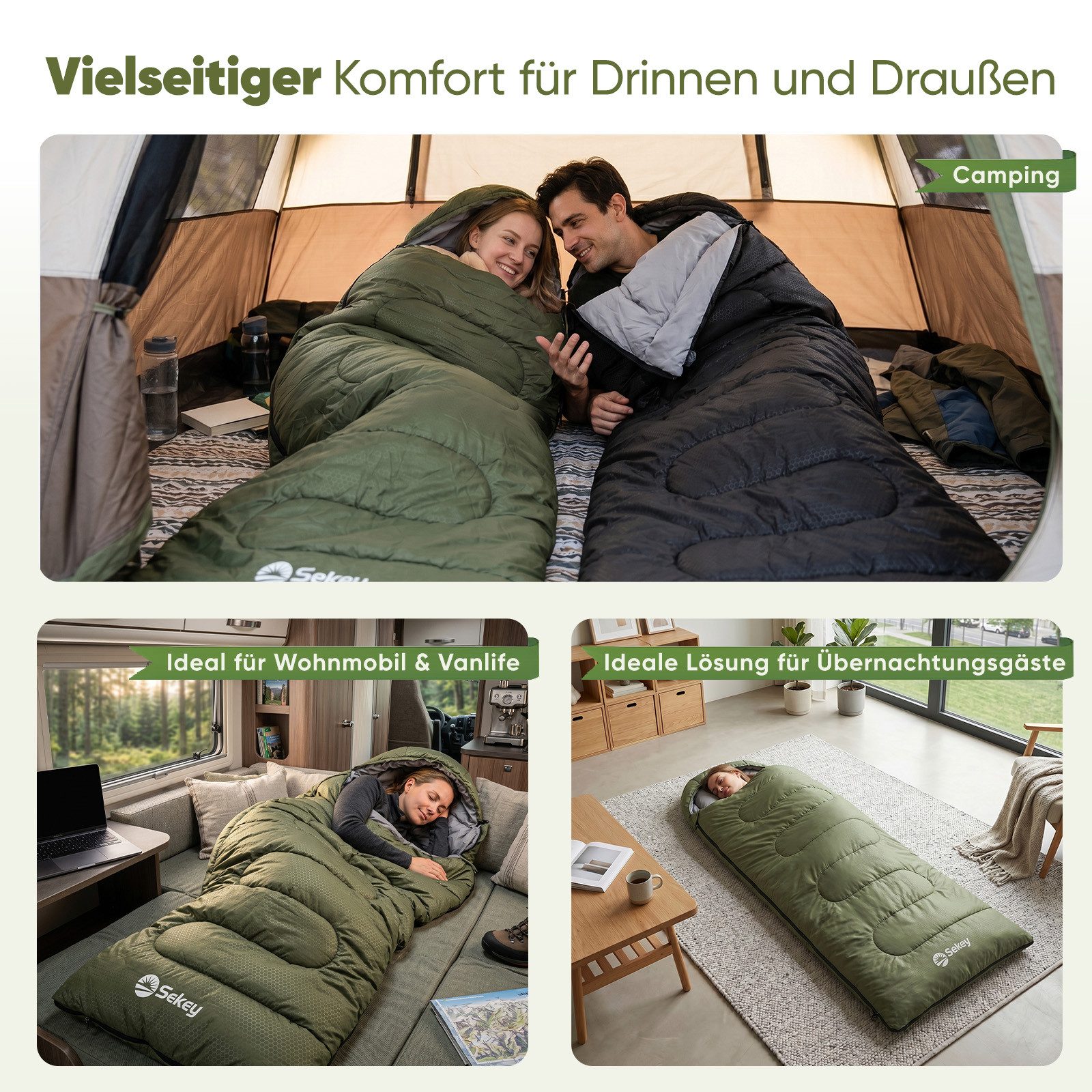 Sekey Deckenschlafsack 3 Jahreszeiten Schlafsack 220x80 cm 10–20°C Deckenform mit Kapuze, 2-in-1 Schlafsack & Decke – Atmungsaktiv, wasserabweisend – Bild 5 von 5