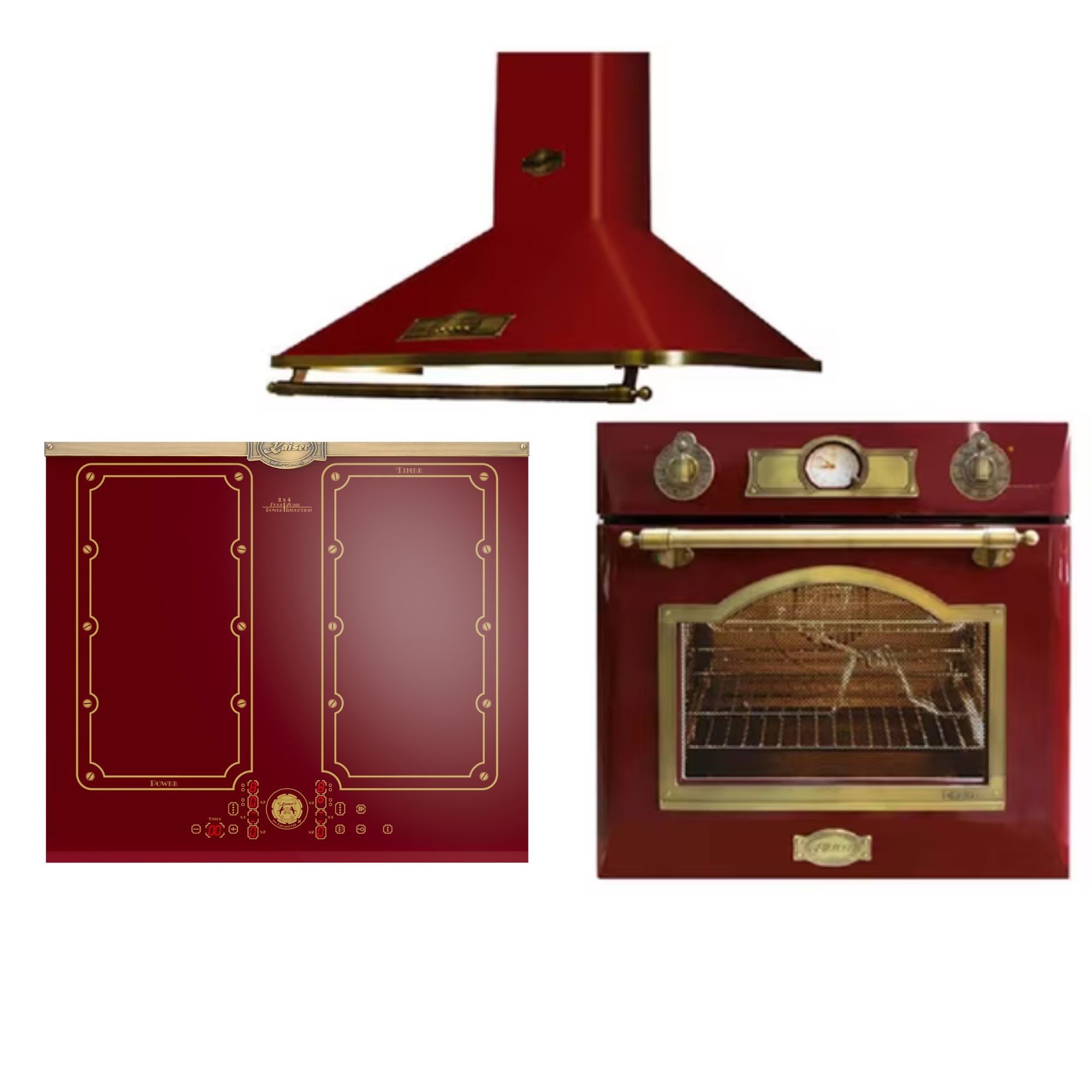 Kaiser Küchengeräte Backofen-Set Elektro Einbau Backofen Autark 60cm 67L+Dunstabzugshaube 60 cm+Induktionskochfeld 60 cm Bordeaux stoßfeste Glaskeramik Eh 6355 RotEm+A 6315 RotEm+KCT 6192 FI RotEm, mit 1-fach-Teleskopauszug