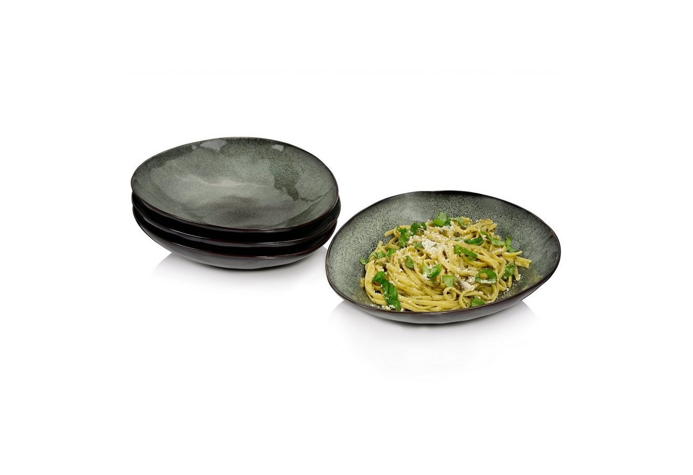 SÄNGER Pastateller Kopenhagen, (4 St), Grün Grau, Steingut, Handmade, 1L, Premium Collection