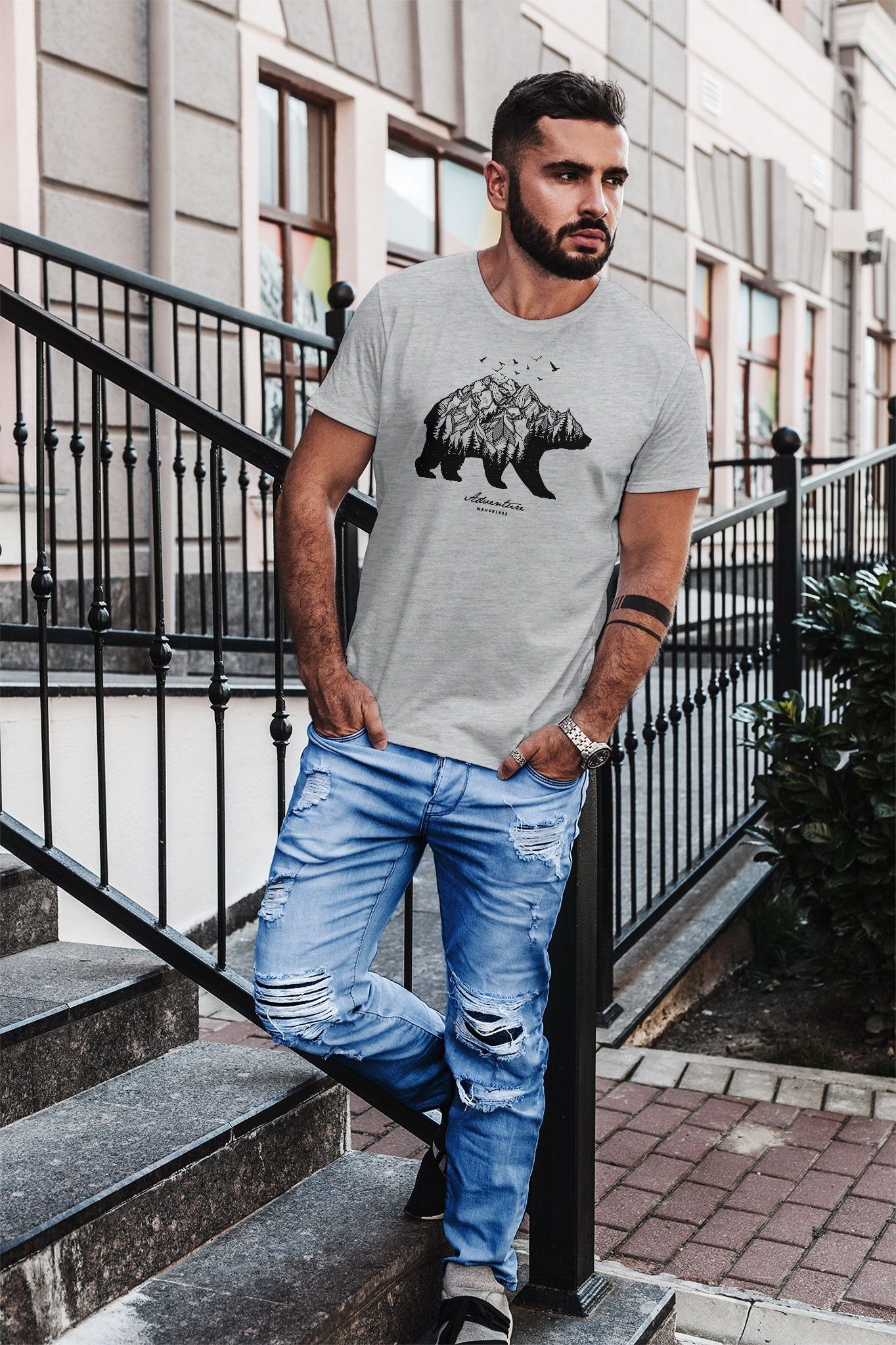 Slim Neverless Neverless® T-Shirt Abenteuer Adventure mit Bär Wald Print grau Berge Mountains Print-Shirt Herren Bear Fit