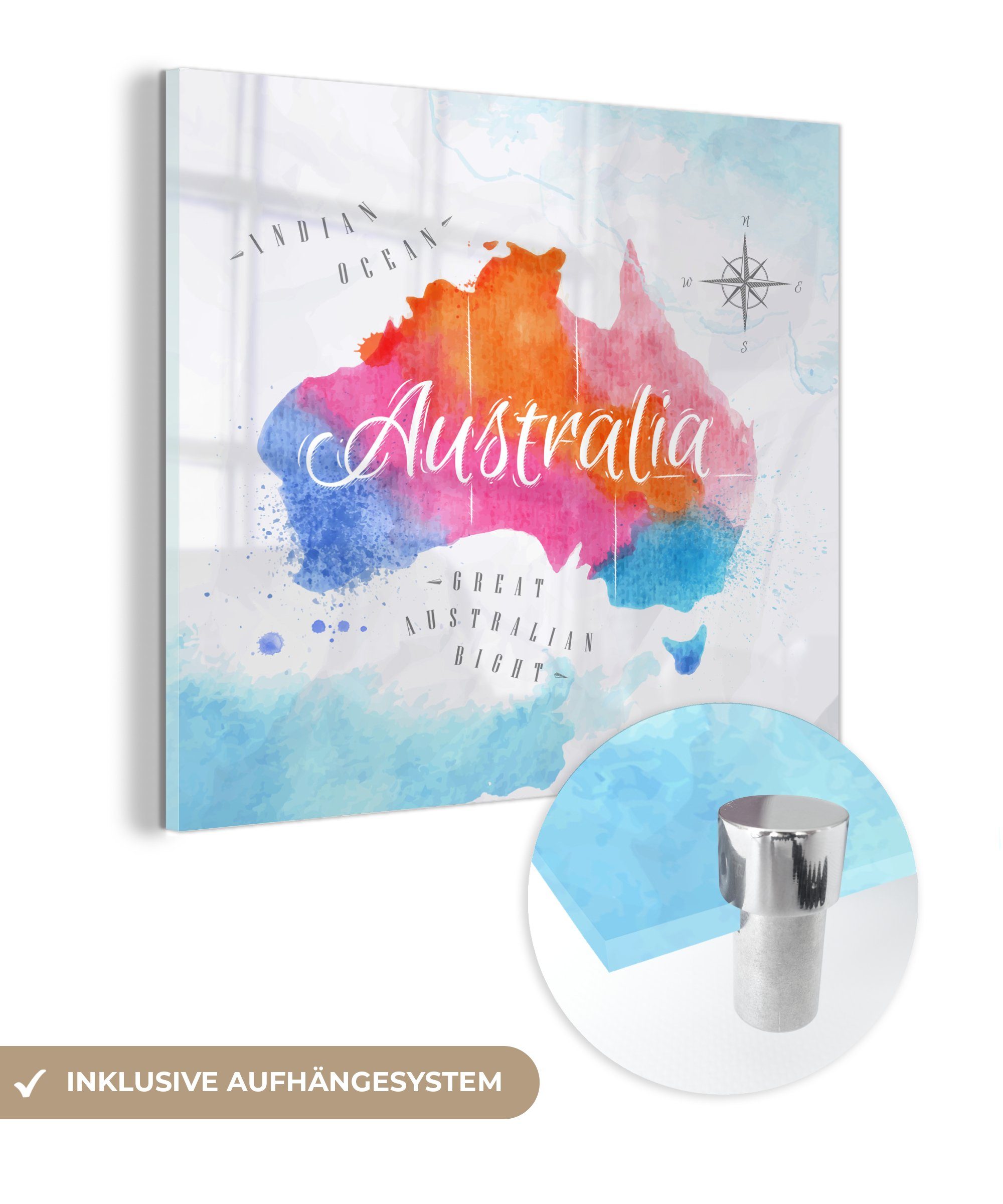 auf Wanddekoration - Bilder (1 Foto Weltkarte Australien, auf - Glas - - Wandbild Acrylglasbild Glas Glasbilder MuchoWow - Ölgemälde St),