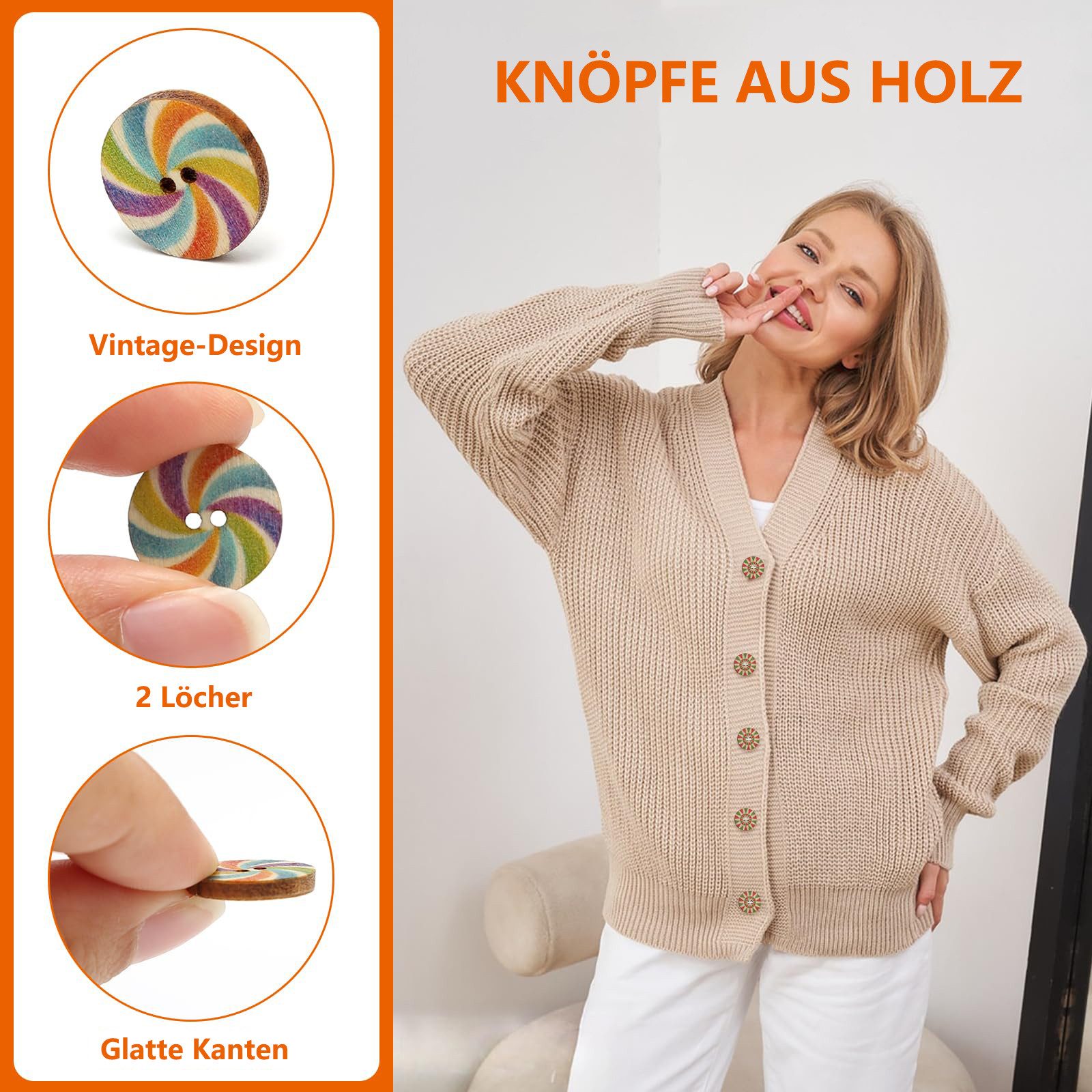 FOUORTUNATE-BEE Knopf 200 Stück Bunte Holzknöpfe, 15mm Vintage Knöpfe mit 2 Löchern, Knöpfe für Strickjacken, Kleidung, Dekoration, DIY, Basteln, Nähen – Bild 3 von 5